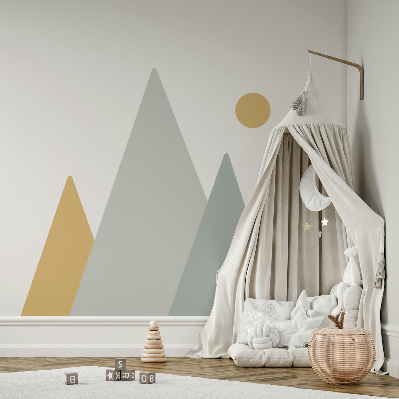 Stylized minimalist mountain peaks in gray and beige wallpaper