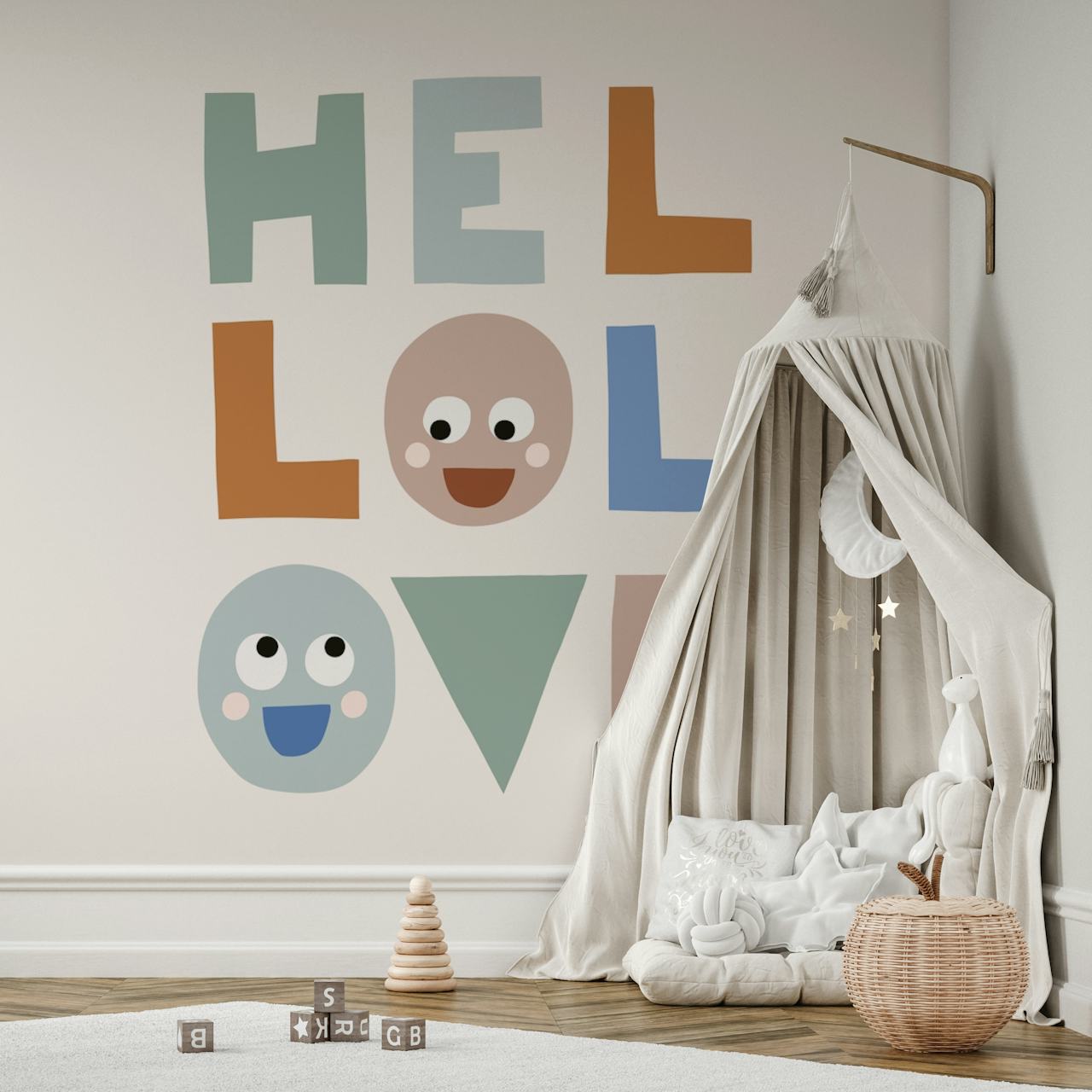 Hello Love boho wallpaper design in a room