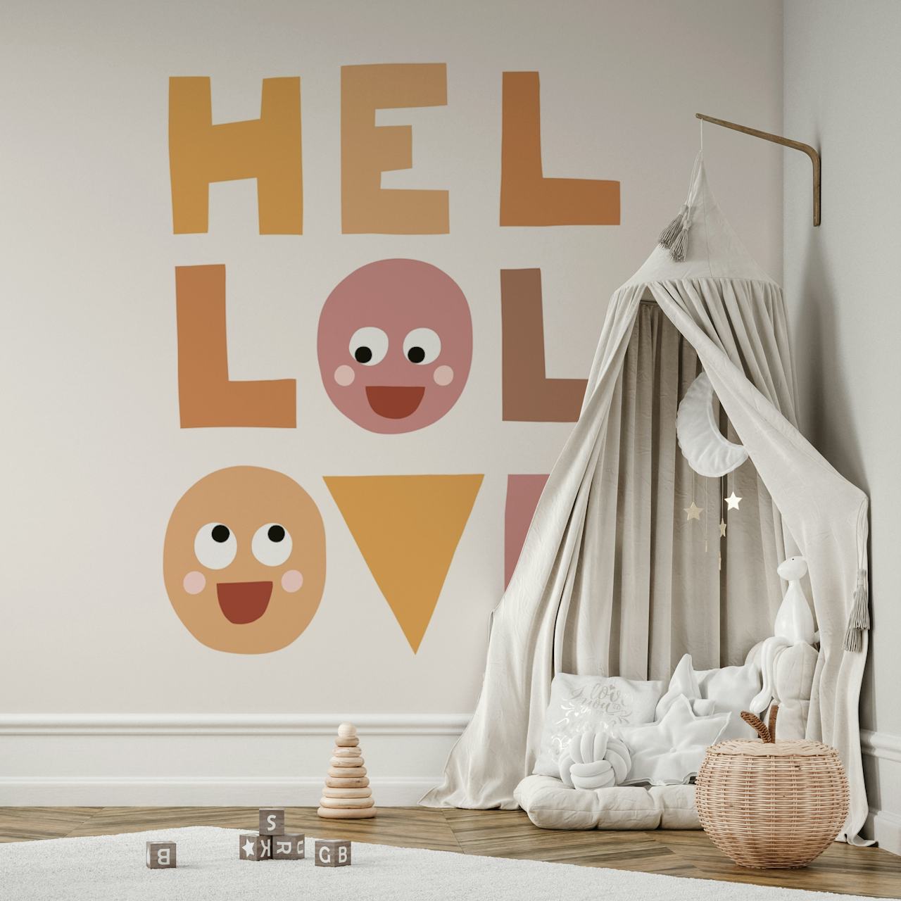Hello Love boho wallpaper with warm colors and playful characters