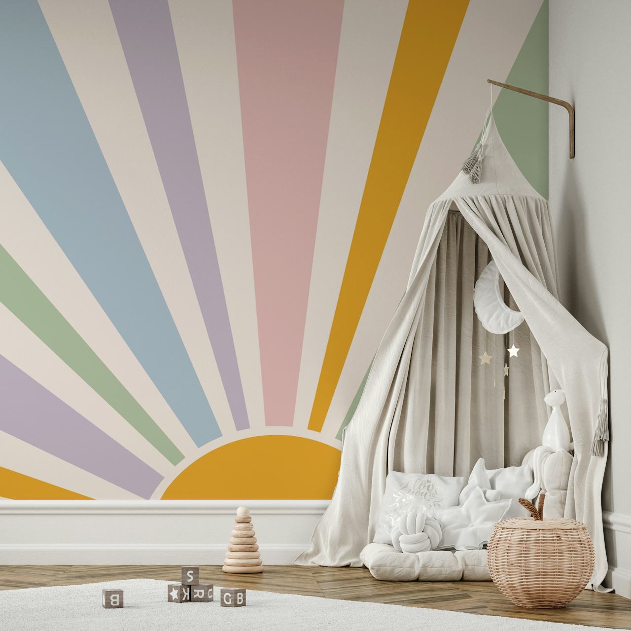 Pastel colored sunburst design with rays in light pink, lavender, green, and yellow wallpaper