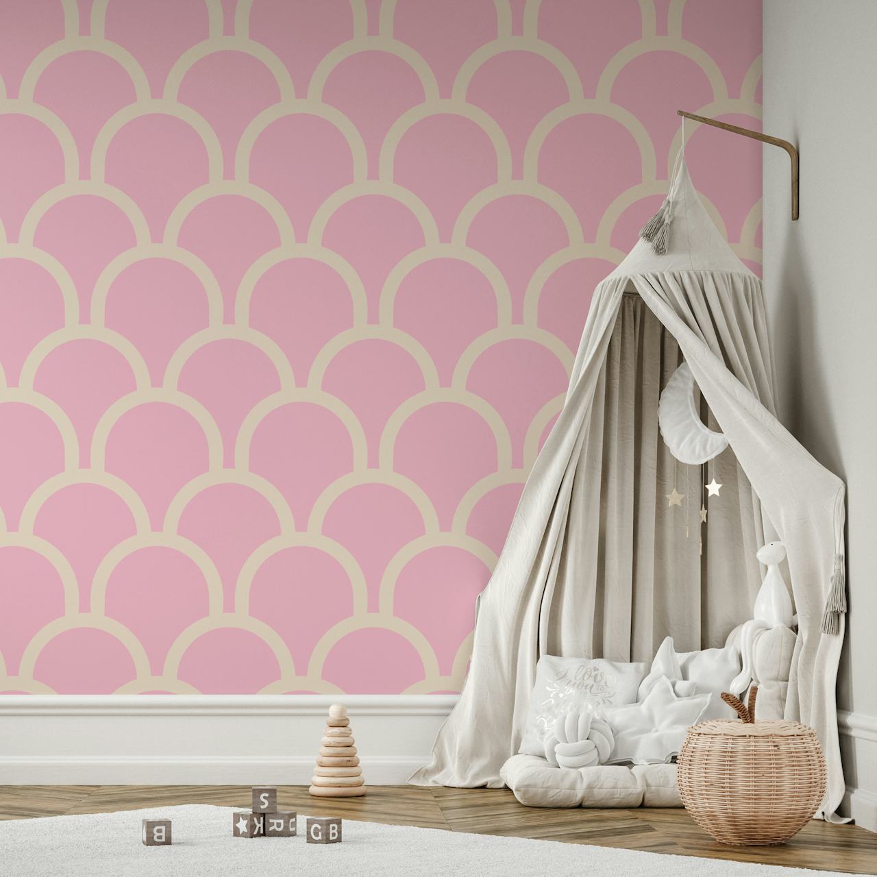 Pink scallop pattern wallpaper with cream curves