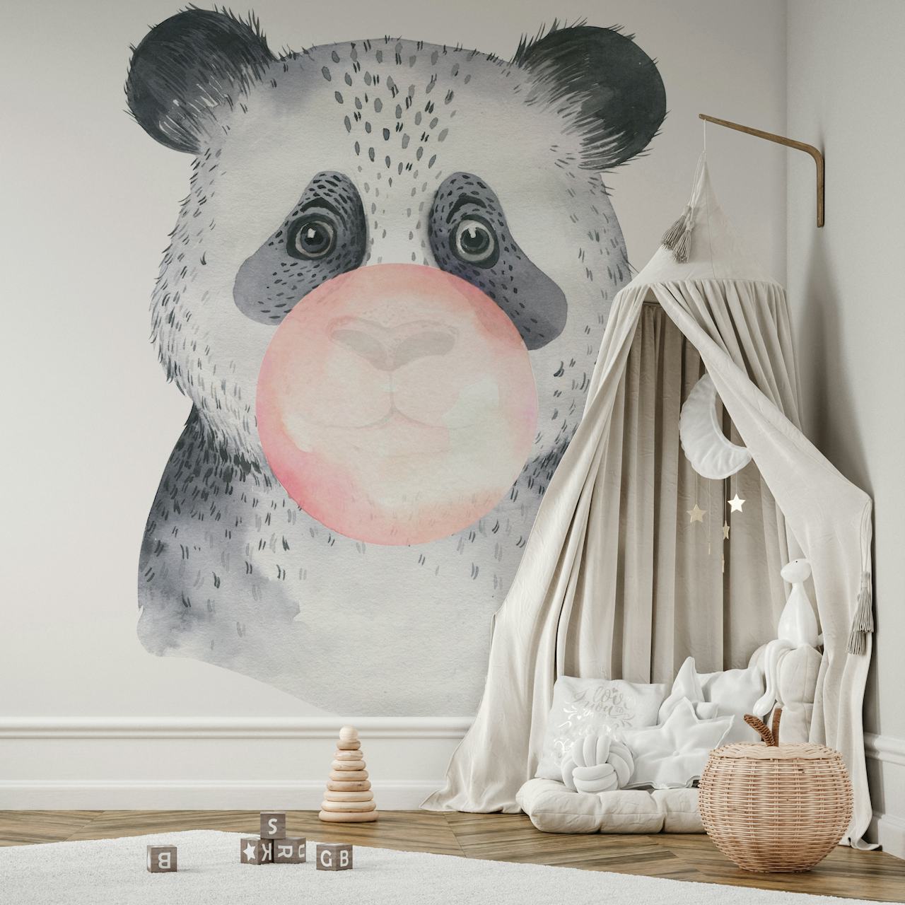 Panda face with bubblegum (pink) in a watercolor style wallpaper