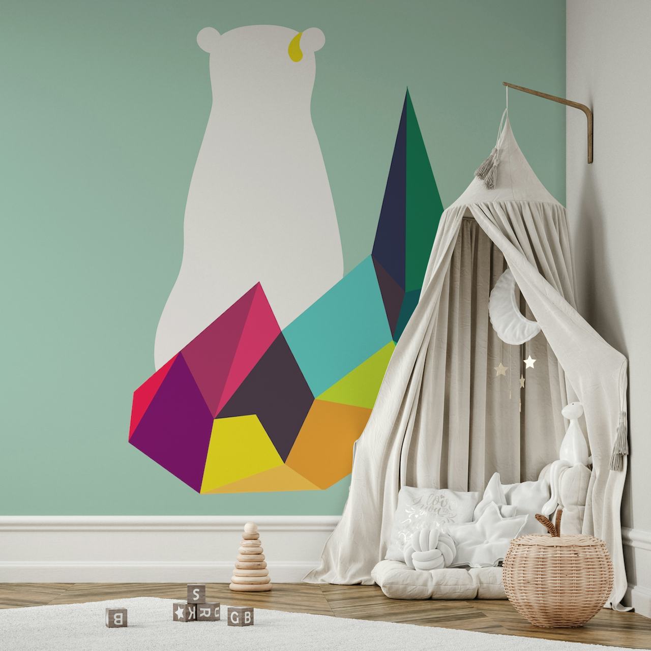 Fotomural vinílico geométrico abstrato de urso polar em cores vibrantes olhando para longe