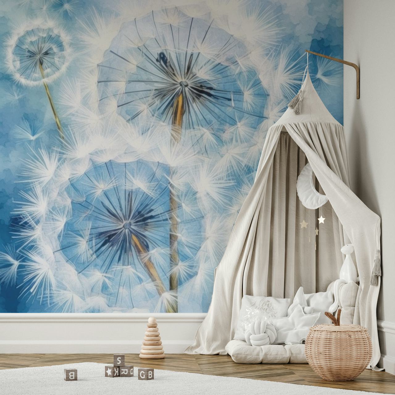 Dandelion flowers with white fluff on blue background wallpaper