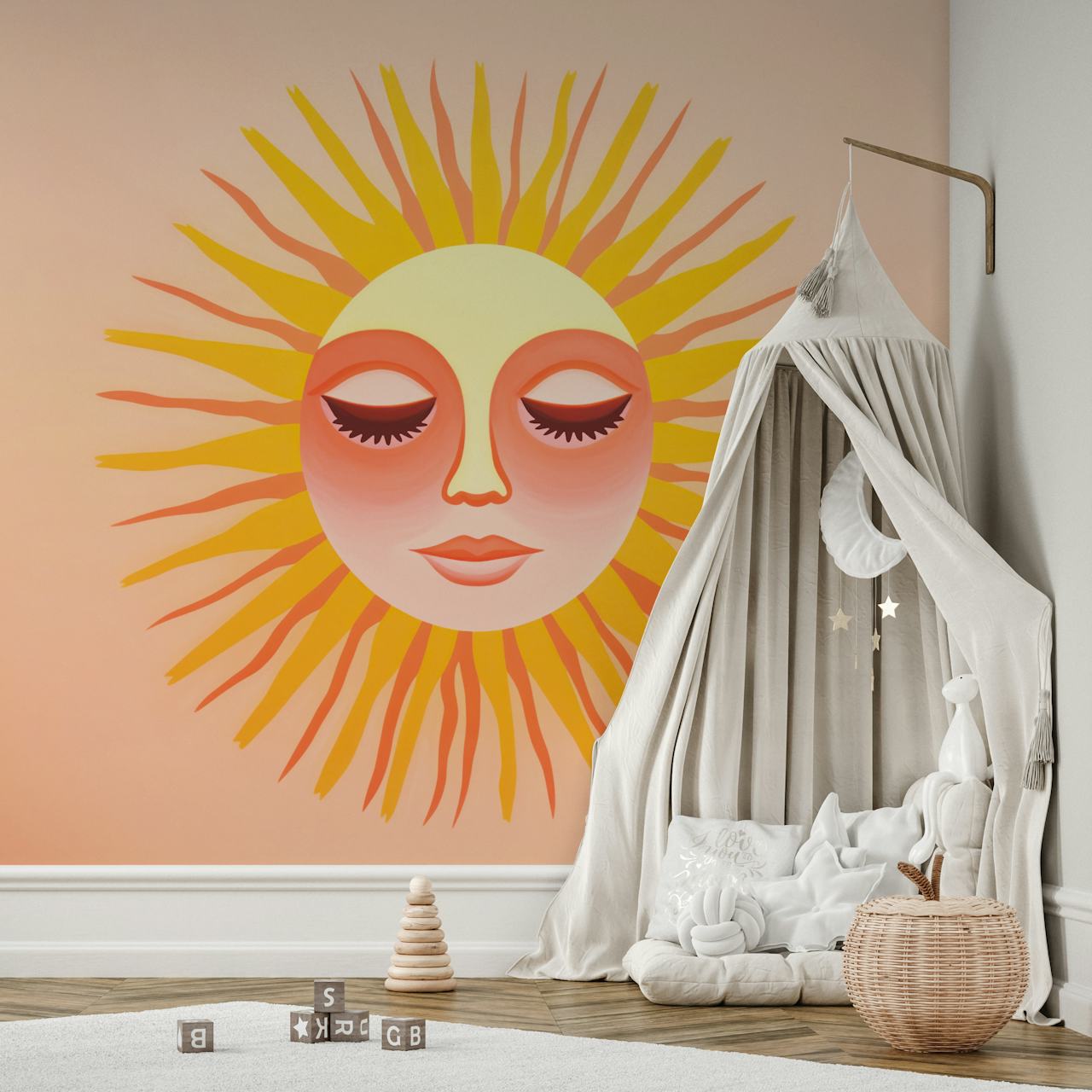 Whimsical sun face illustration in warm peach and yellow colors on pastel wallpaper