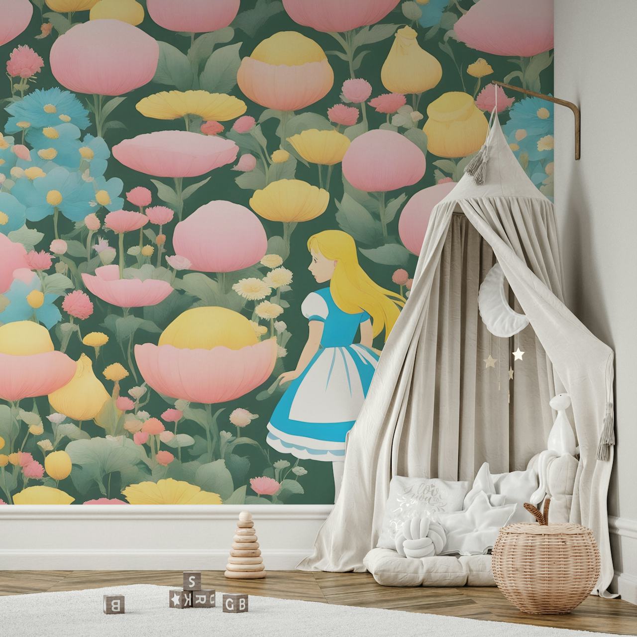 Illustrative wallpaper with Alice among flowers