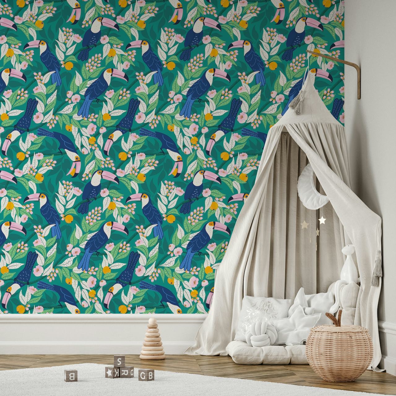 Whimsical toucan forest wallpaper in a room