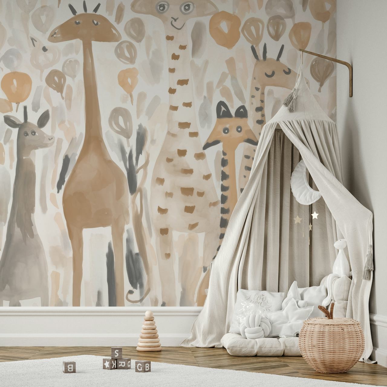 Cute giraffes in neutral tones with abstract balloons wallpaper