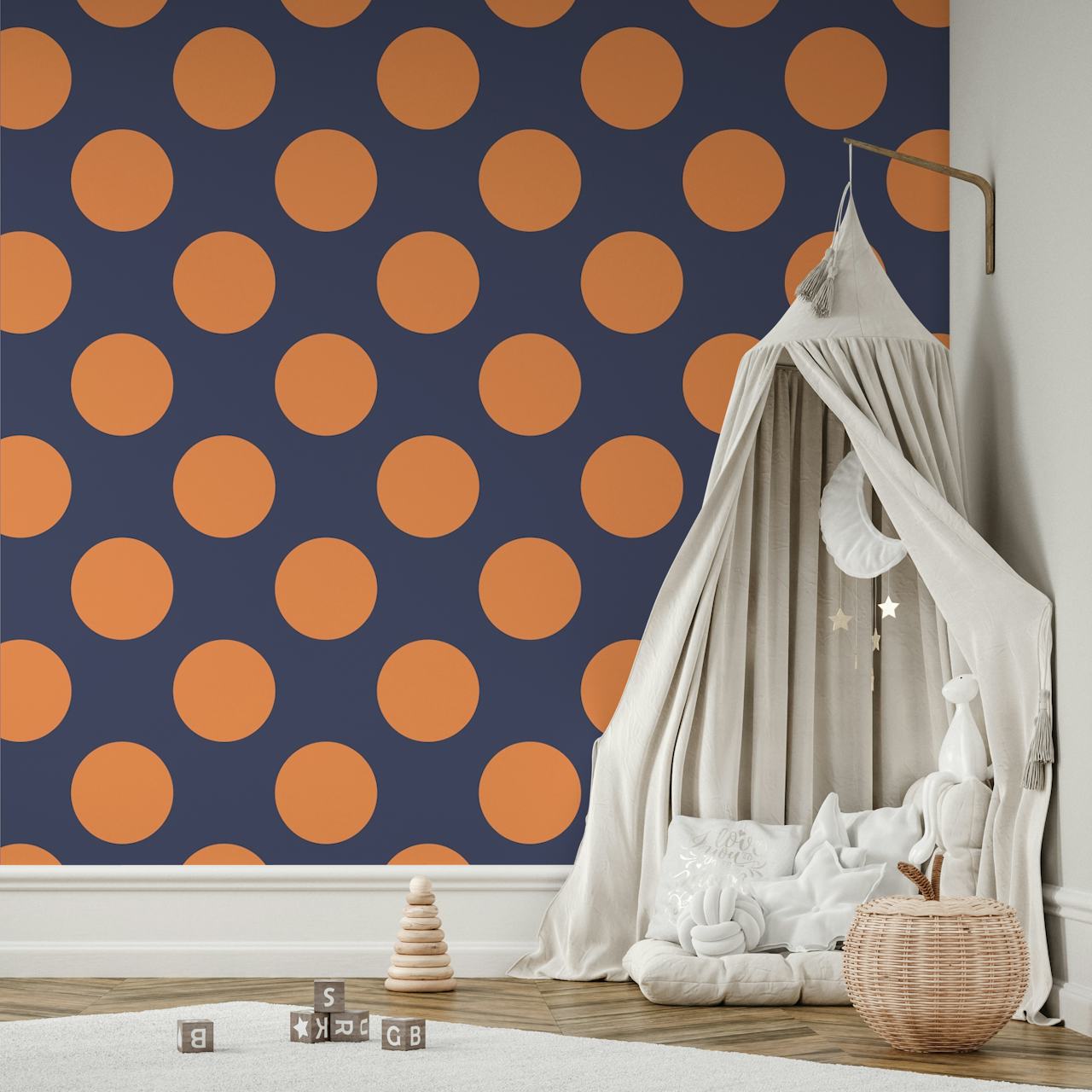 Orange polka dots on navy background wallpaper