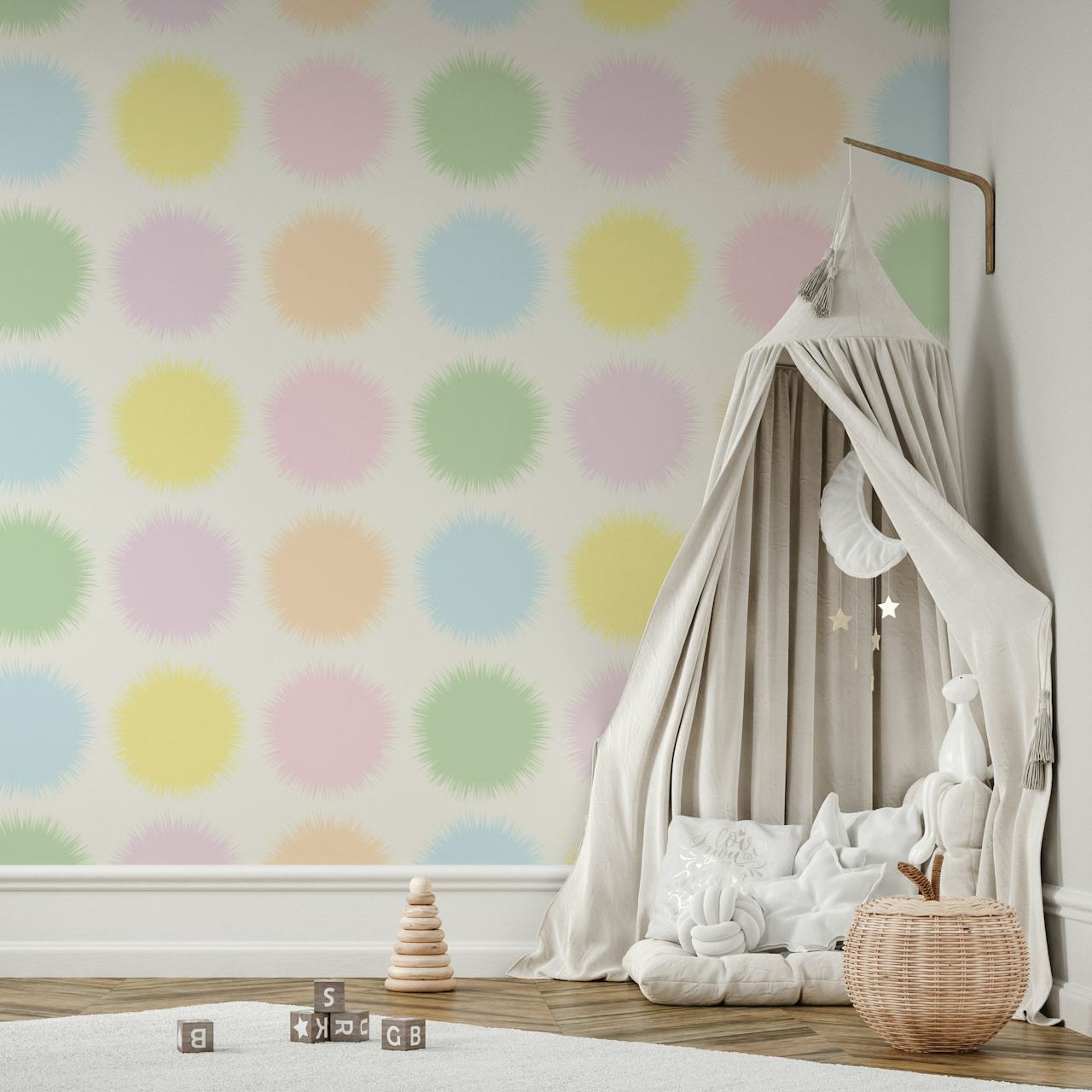 Pastel colored pompom dots on a white background wallpaper