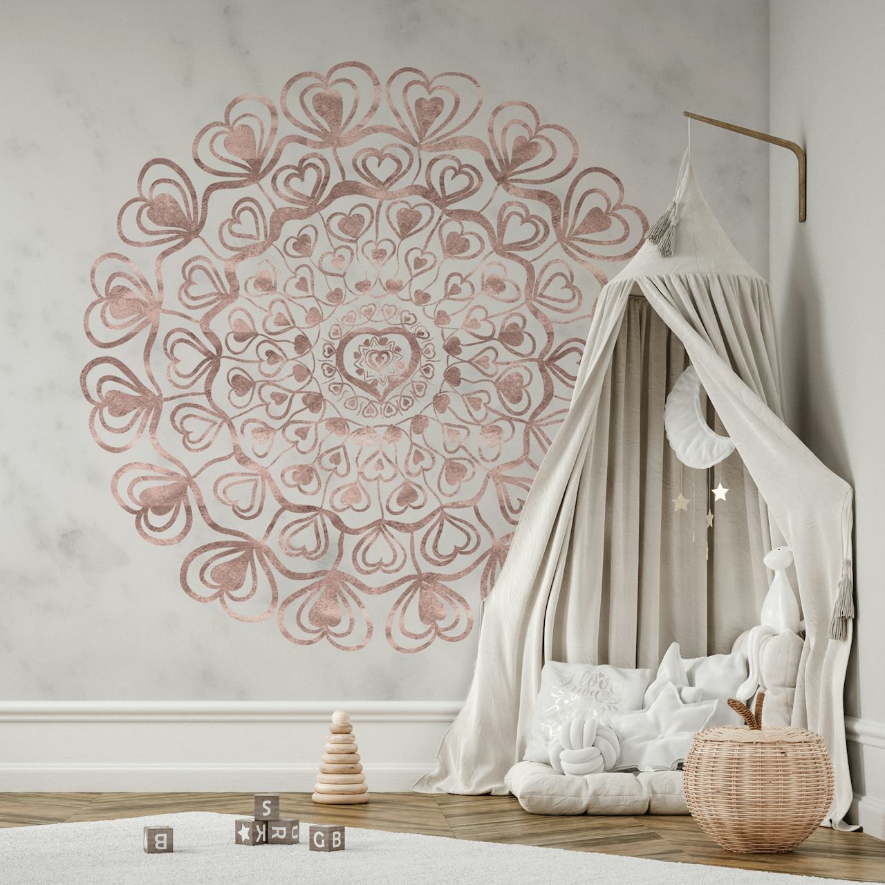 Heart mandala design in rose gold on textured marble wallpaper