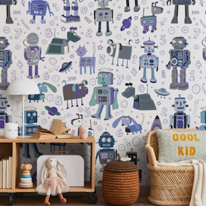 Robots in Space - Blue on grey