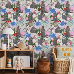 Hand drawn cat with strawberry and tropical