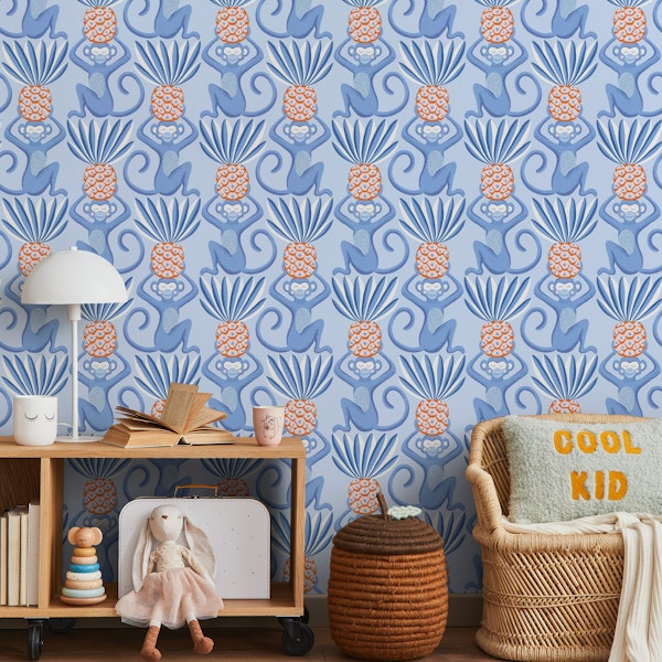 Monkeys and Pineapples - blue with orange