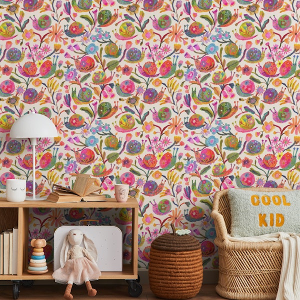 Pet Snails in floral garden watercolor cream