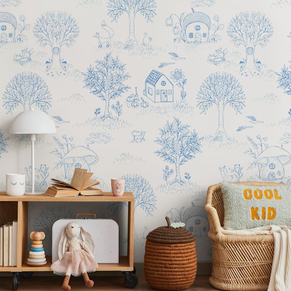 timeless woodland toile for kids blue