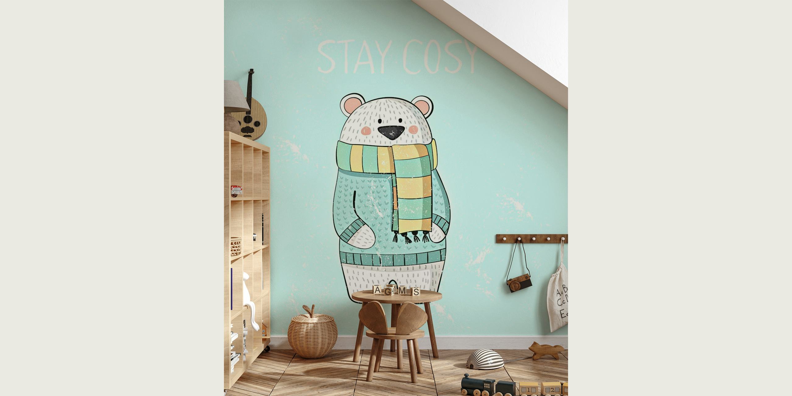 Polar Bear Stay Cozy zidna slika sa slatkim medvjedom u šalu