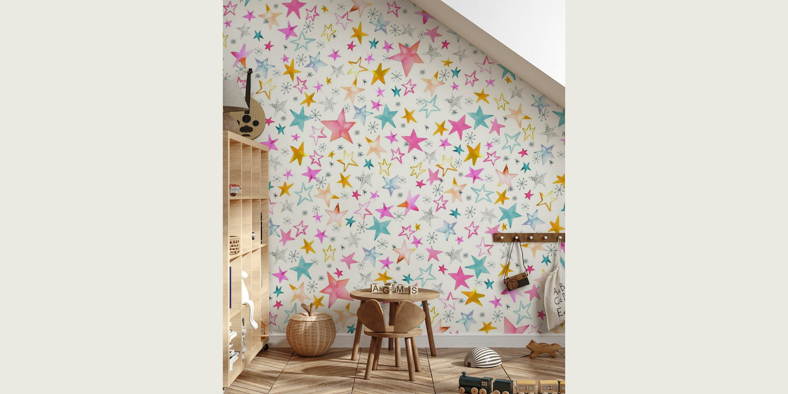 Papier peint mural à sticker d'étoiles rose tendre, blanches et multicolores