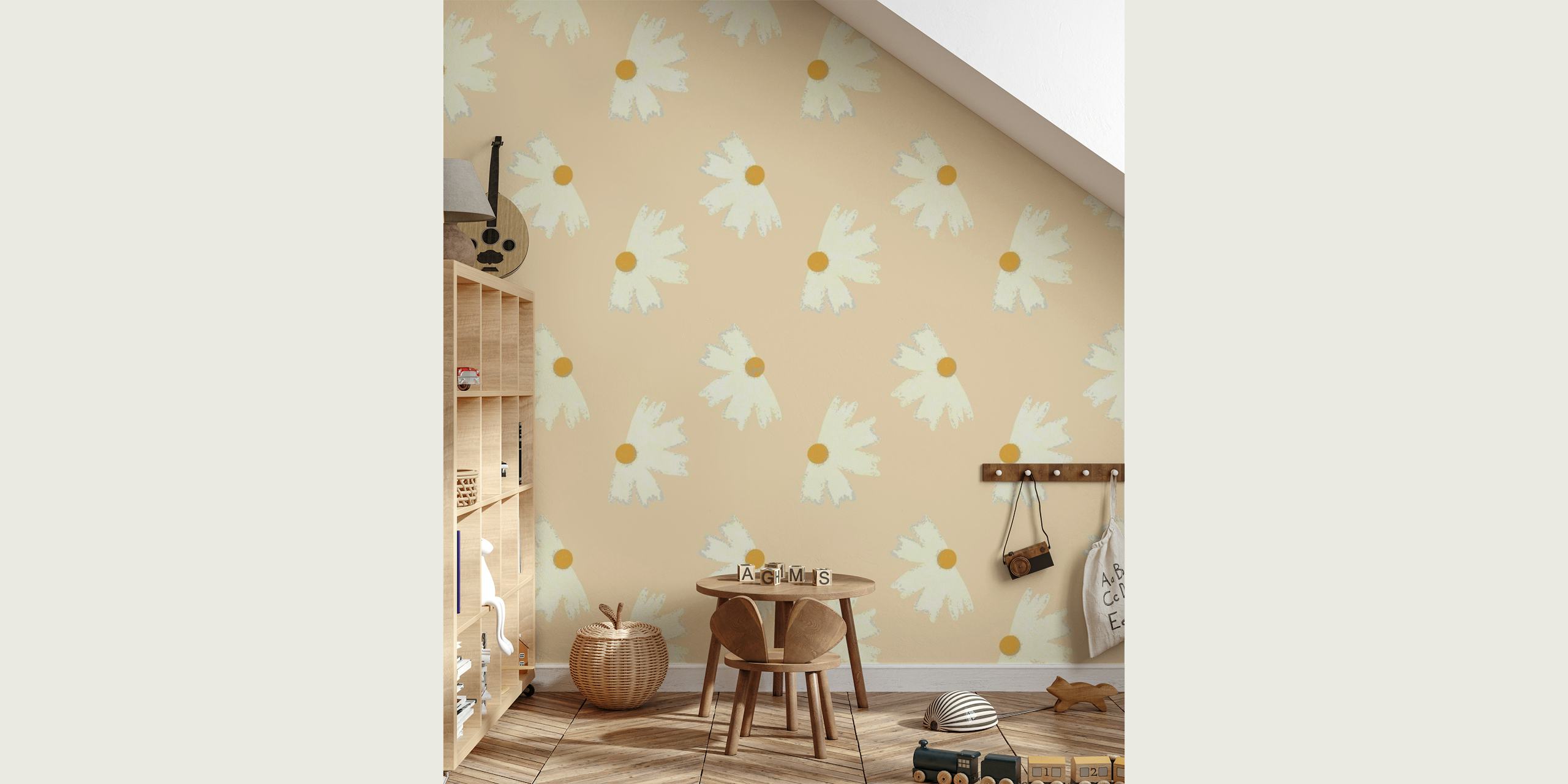 Papier peint mural fleurs de souci crème et doré sur fond nacré