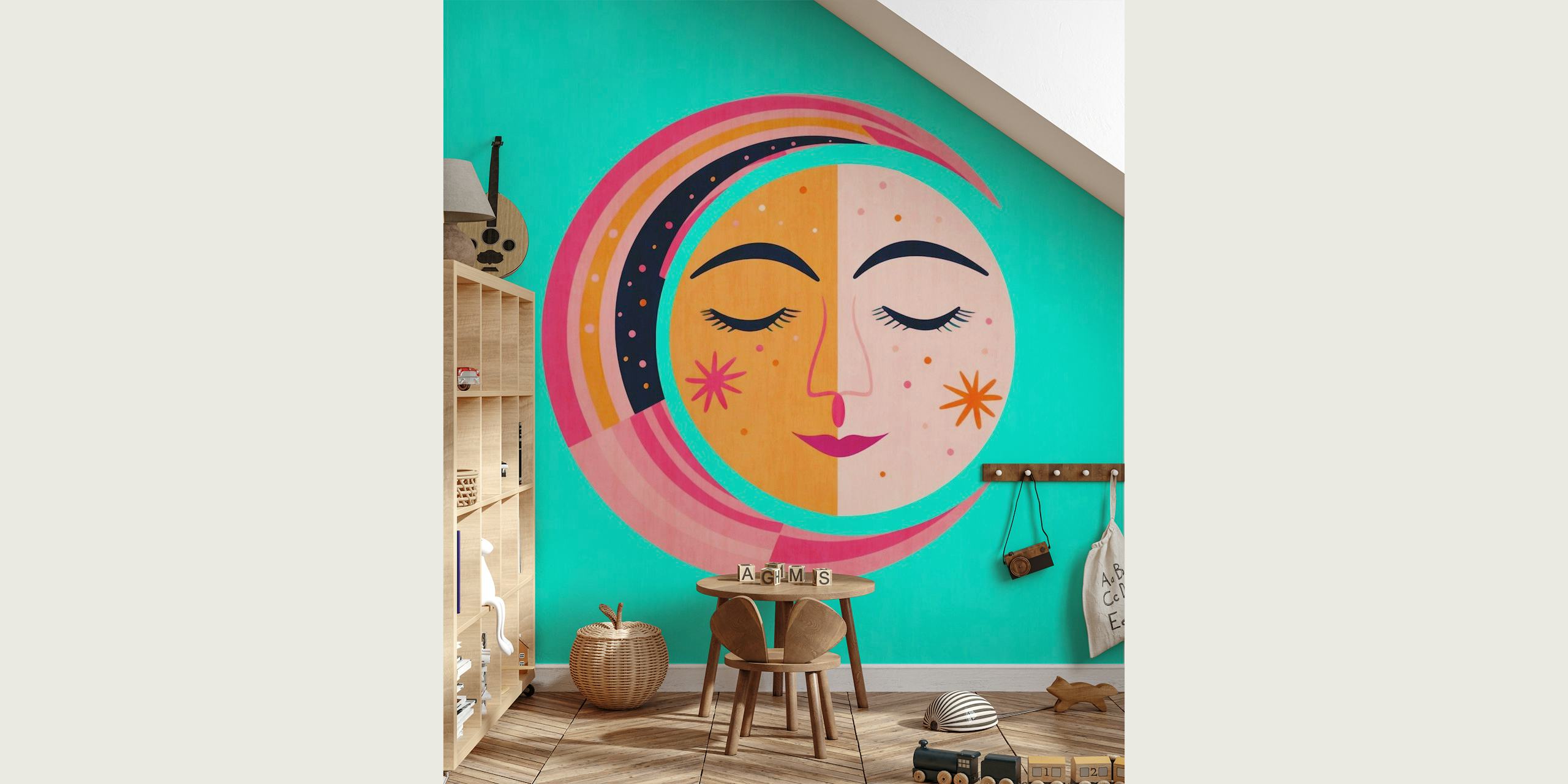 Whimsical Sun And Moon Face Turquoise behang