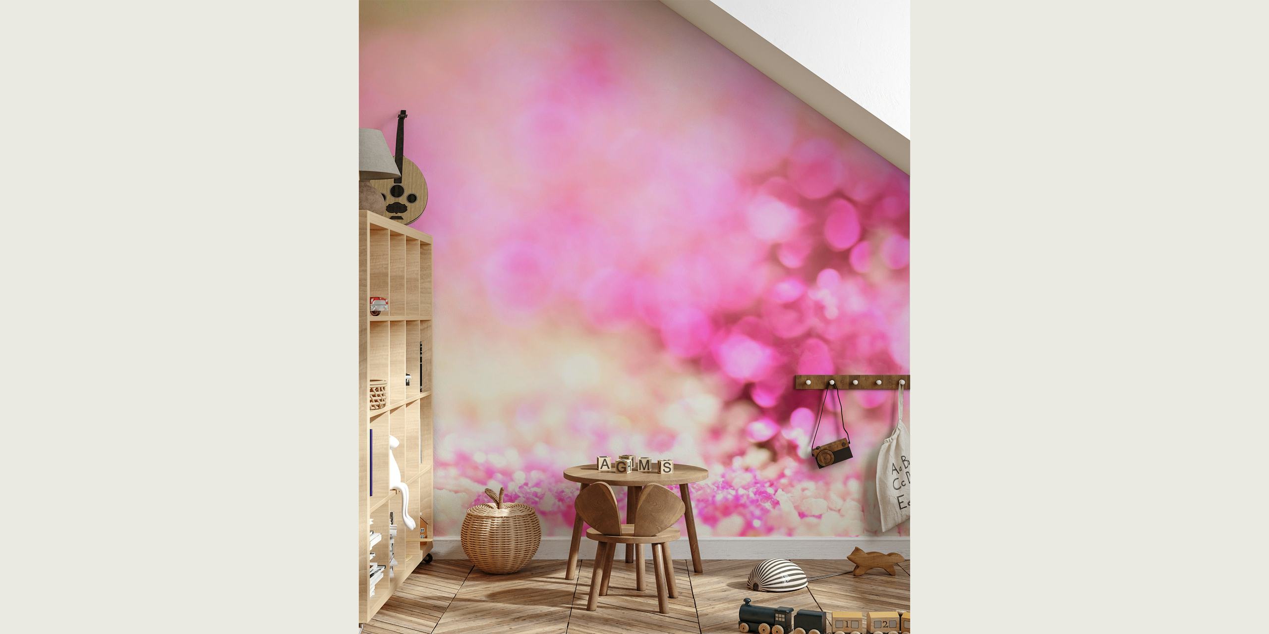 Close-up de um mural de parede com glitter rosa brilhante para uma decoração de quarto com tema mágico