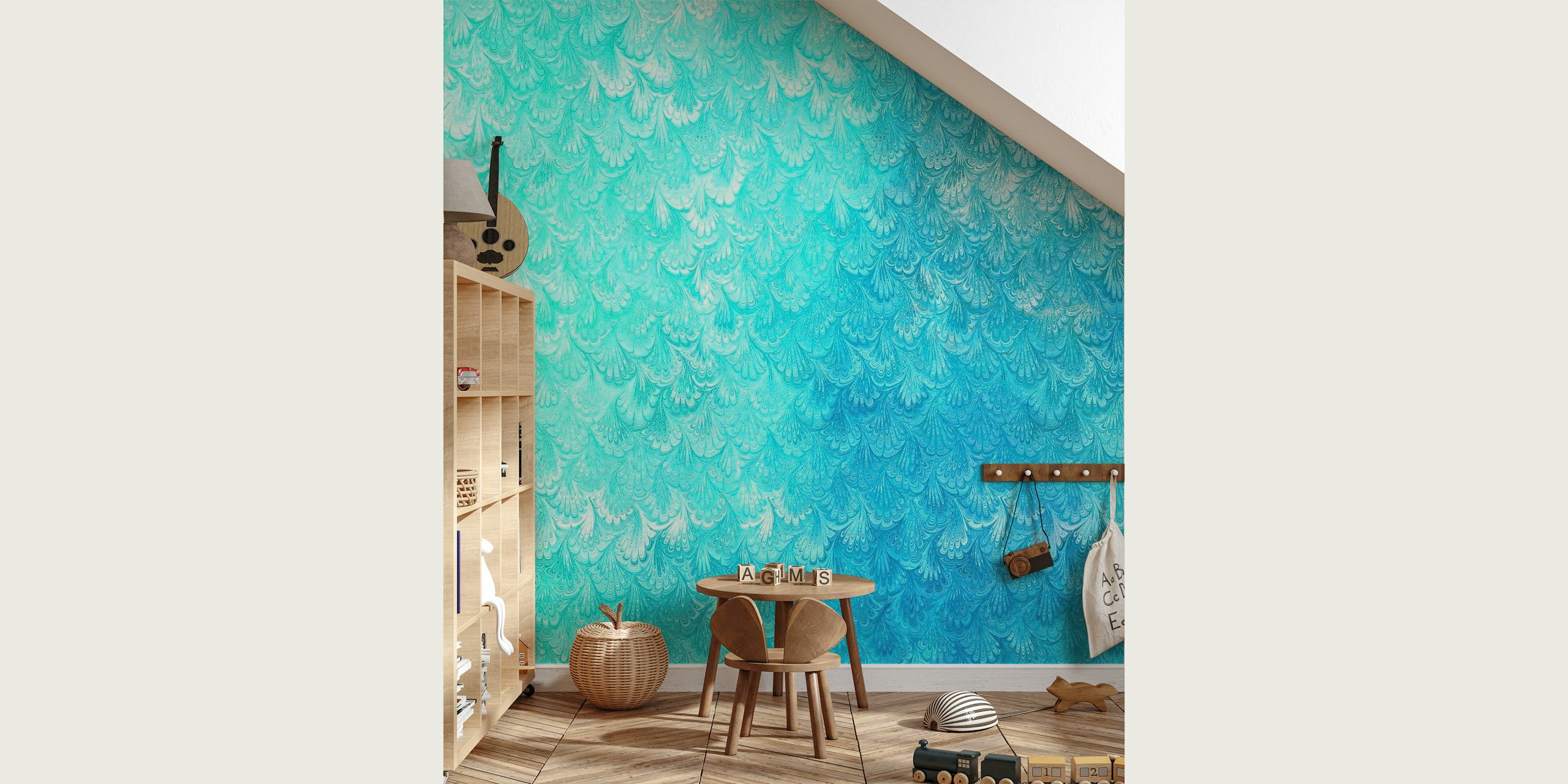 Ocean-inspired blue and teal mermaid scale pattern wall mural