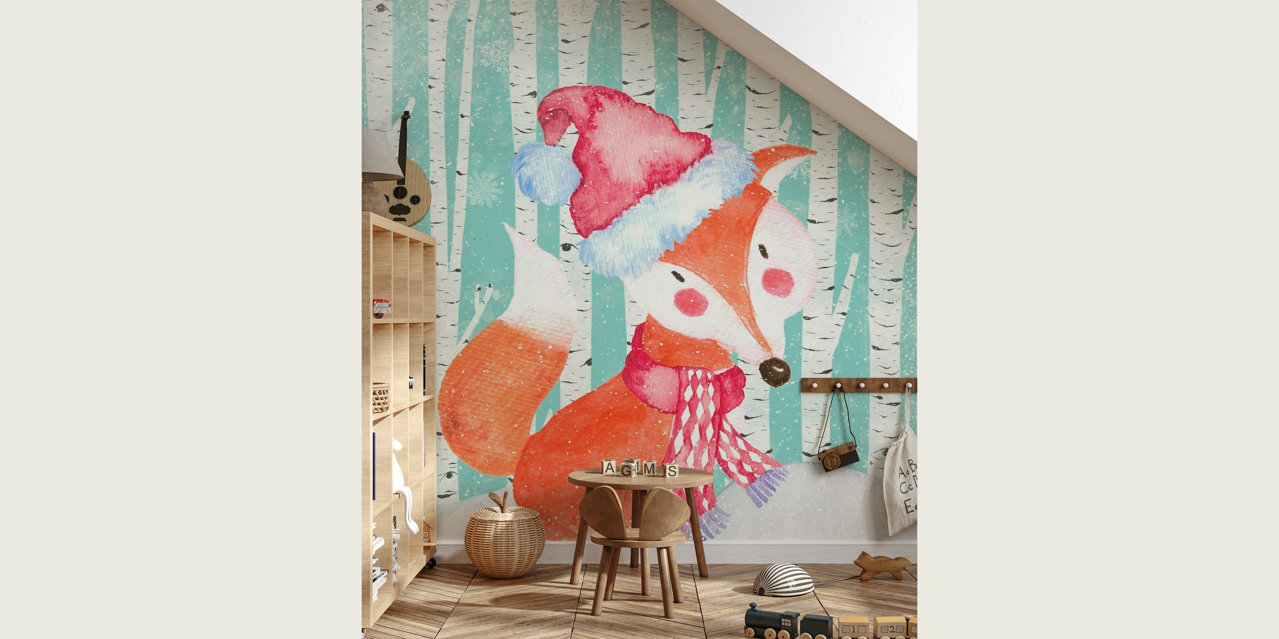 Charming fox in Santa hat wall mural with winter birch forest background