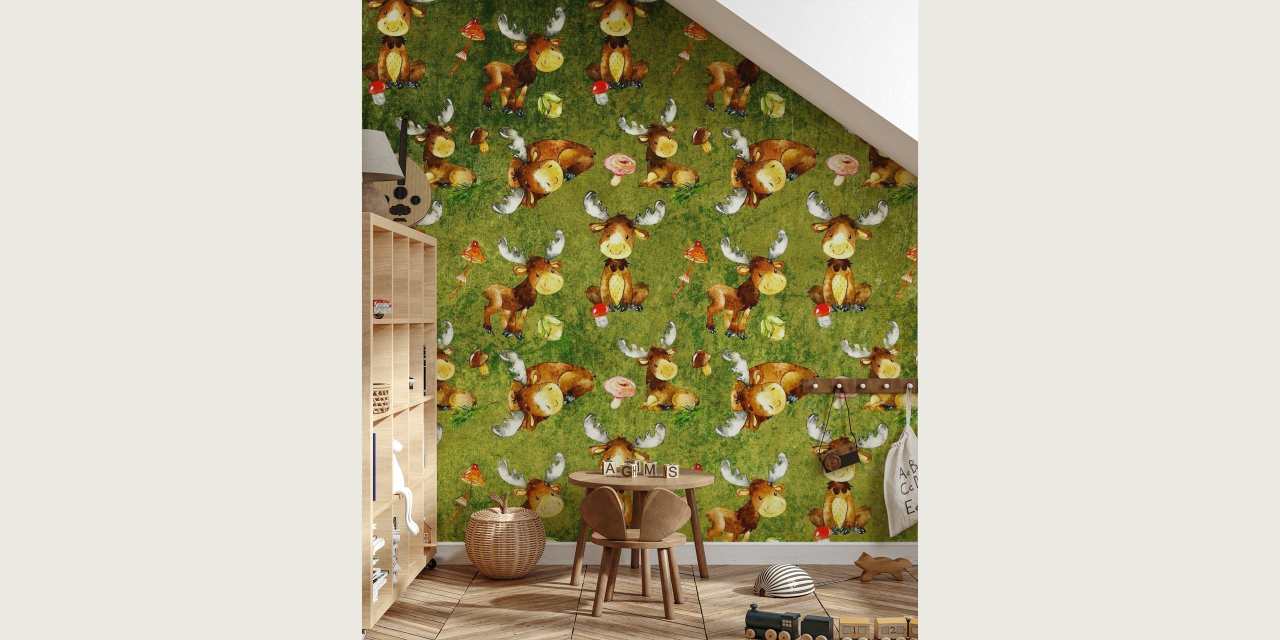 Illustration of happy elks in a forest setting wall mural