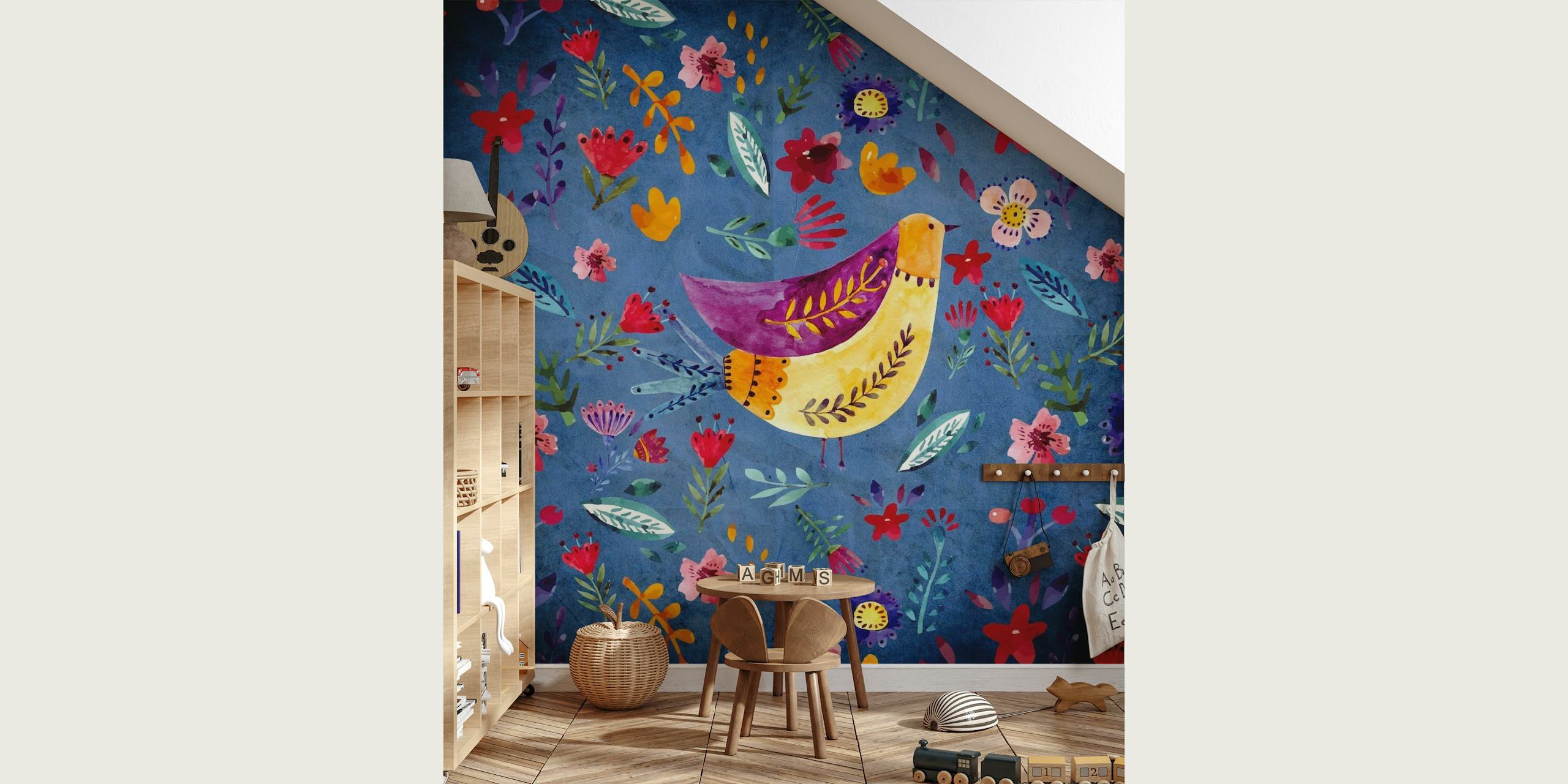 Värikäs doodle lintu ja kukkakuvioinen seinämaalaus