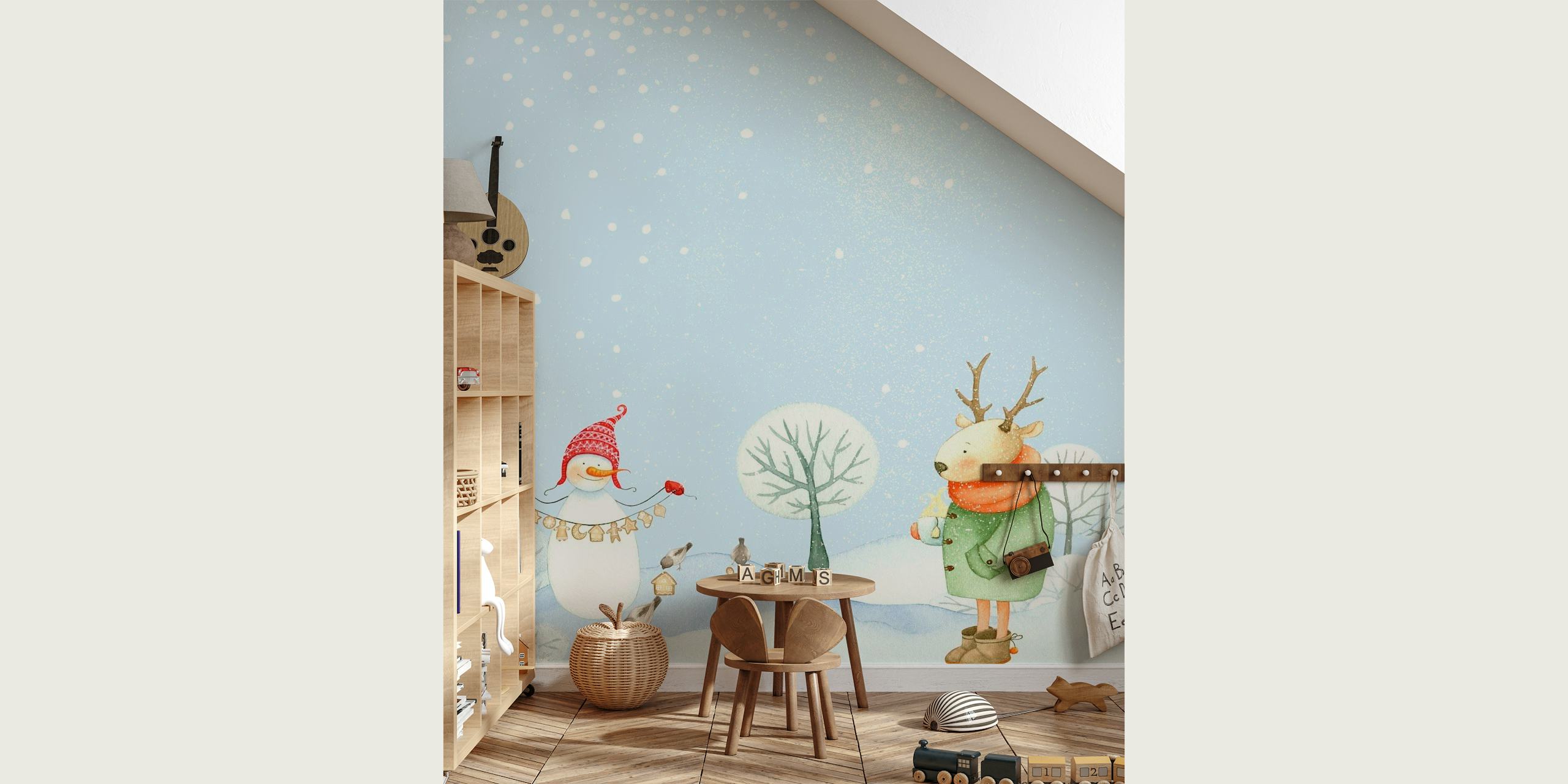 Snowman and deer in a winter scene wall mural