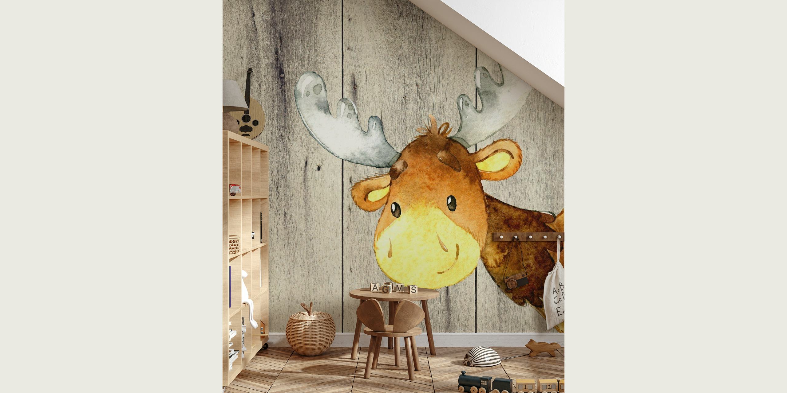 illustratie van een schattig hert op een houten plank als achtergrondmuurschildering