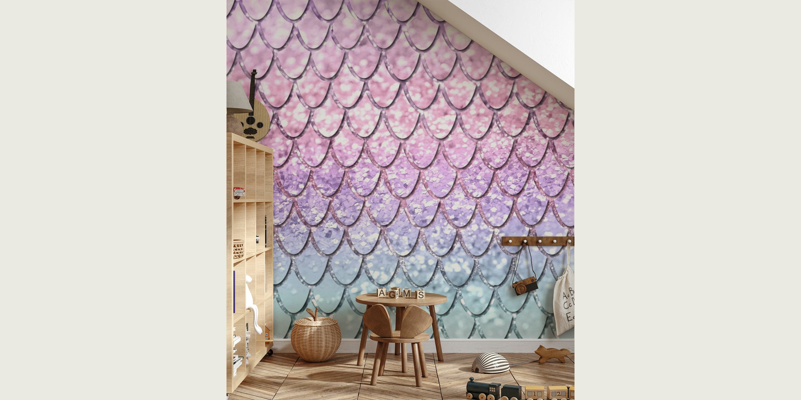 Mermaid Scales Glitter wall mural with pastel pink, blue, and purple hues.