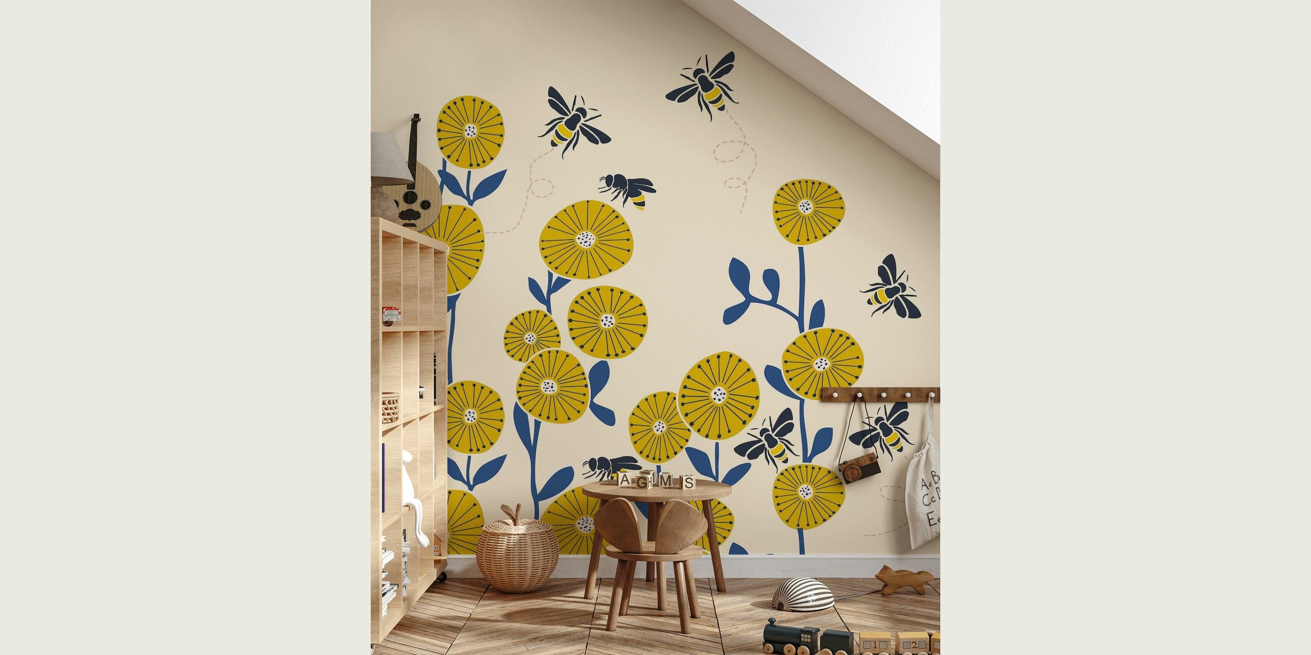 Whimsical garden flowers and bees wall mural