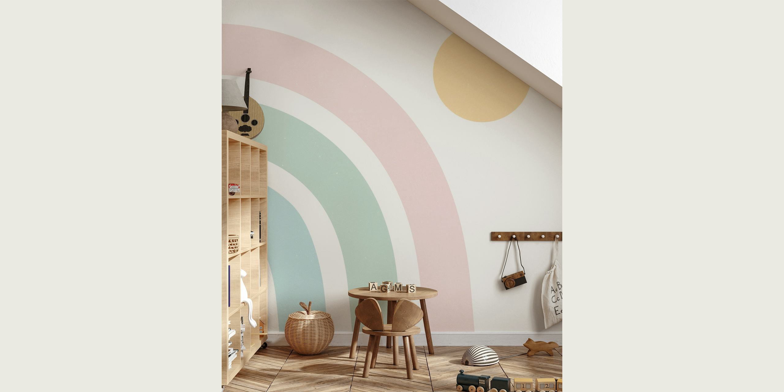 Buntes Regenbogen-Wandbild mit bogenförmigen Bändern in Pastelltönen