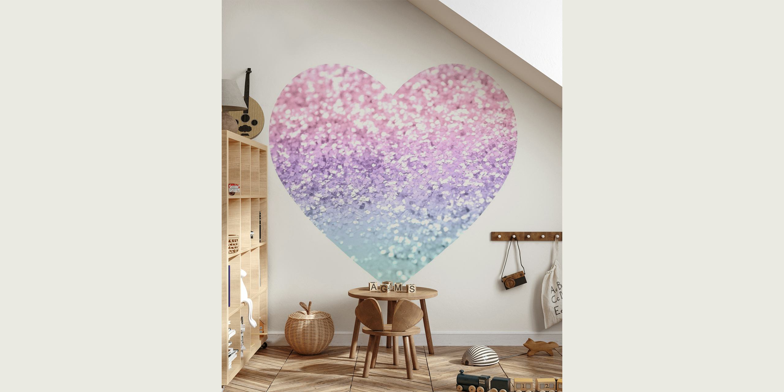 Inspirowana jednorożcem fototapeta z brokatowym sercem w kolorze różowym, fioletowym i niebieskim