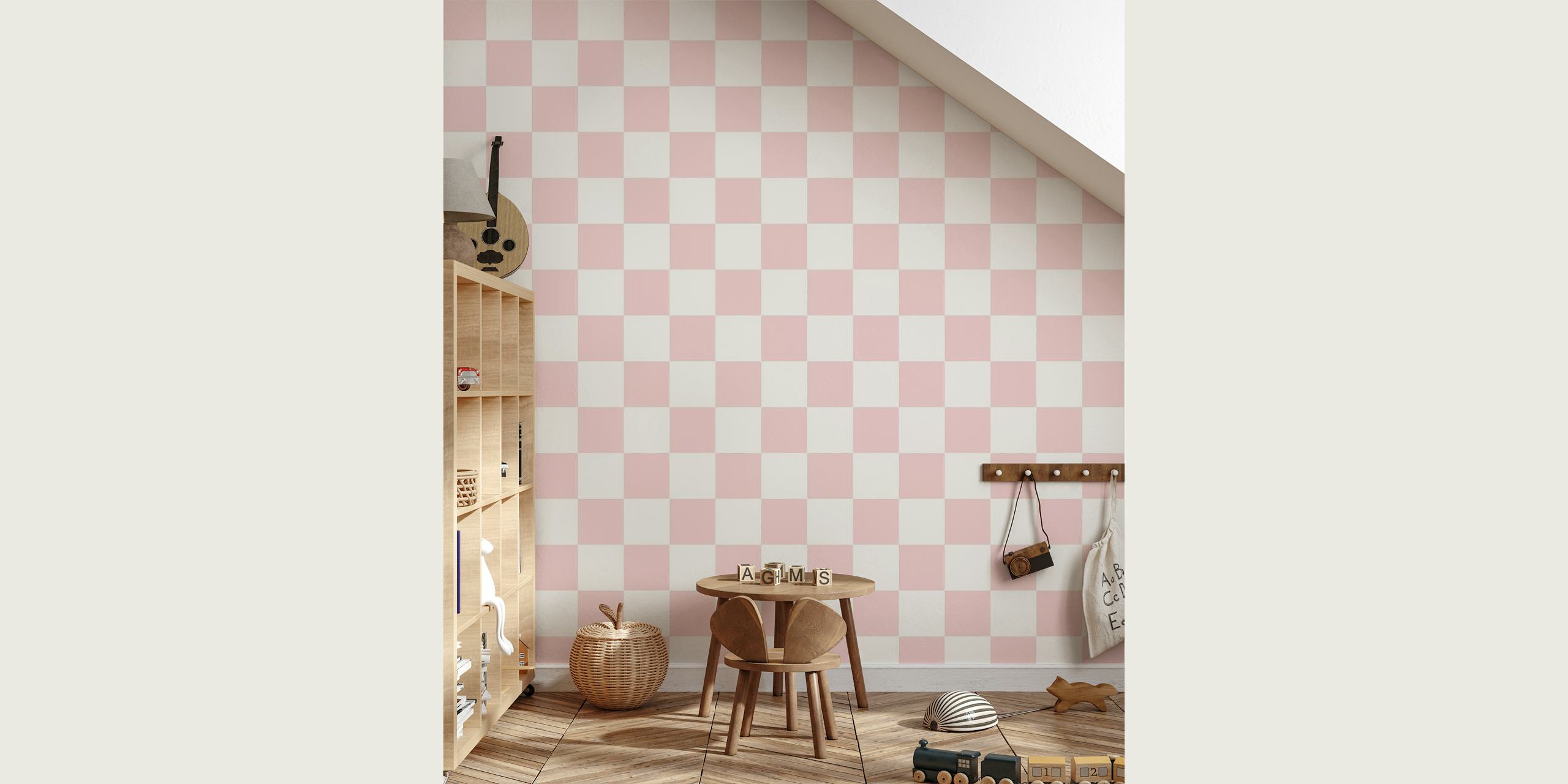 Pale pink and white checkered pattern wall mural