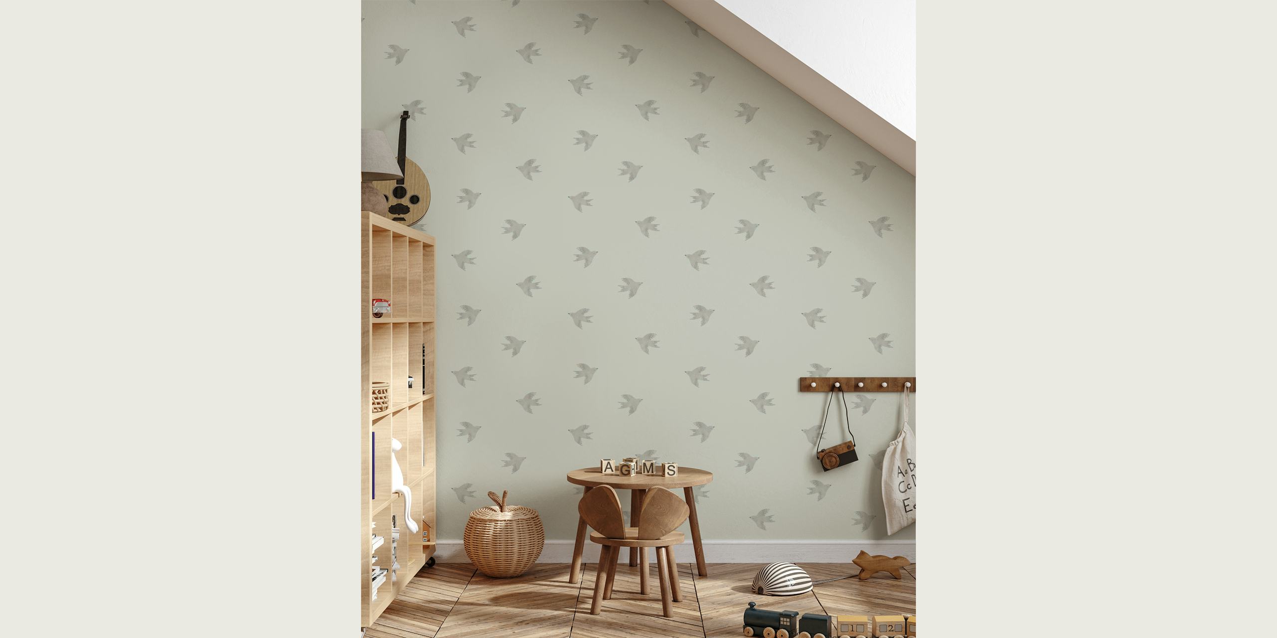 Dreamy Birds Cloudy Gray Wall Mural with birds in flight pattern over a gray background