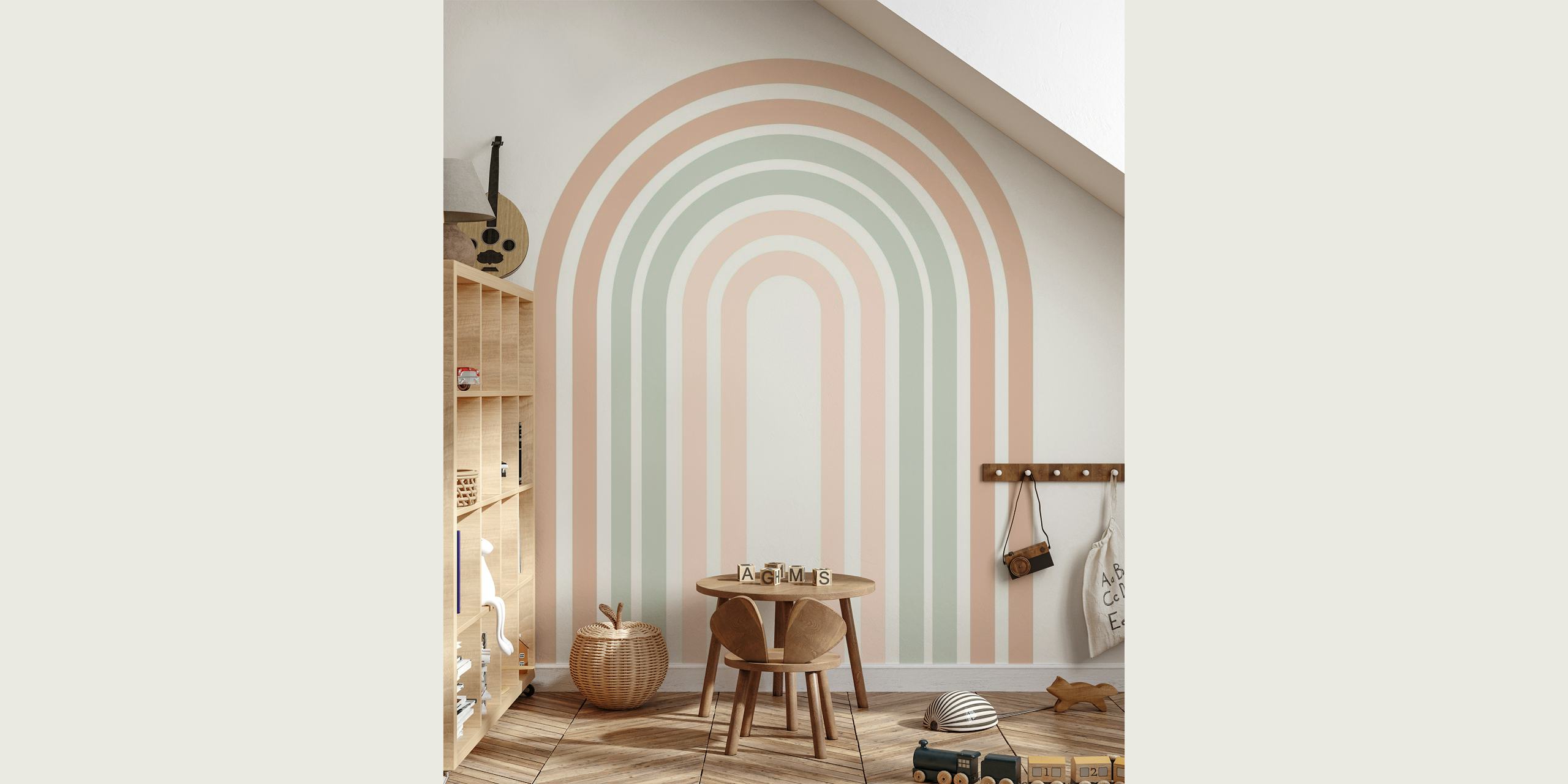 Boho Rainbow Sage Green wall mural with soft neutral curves