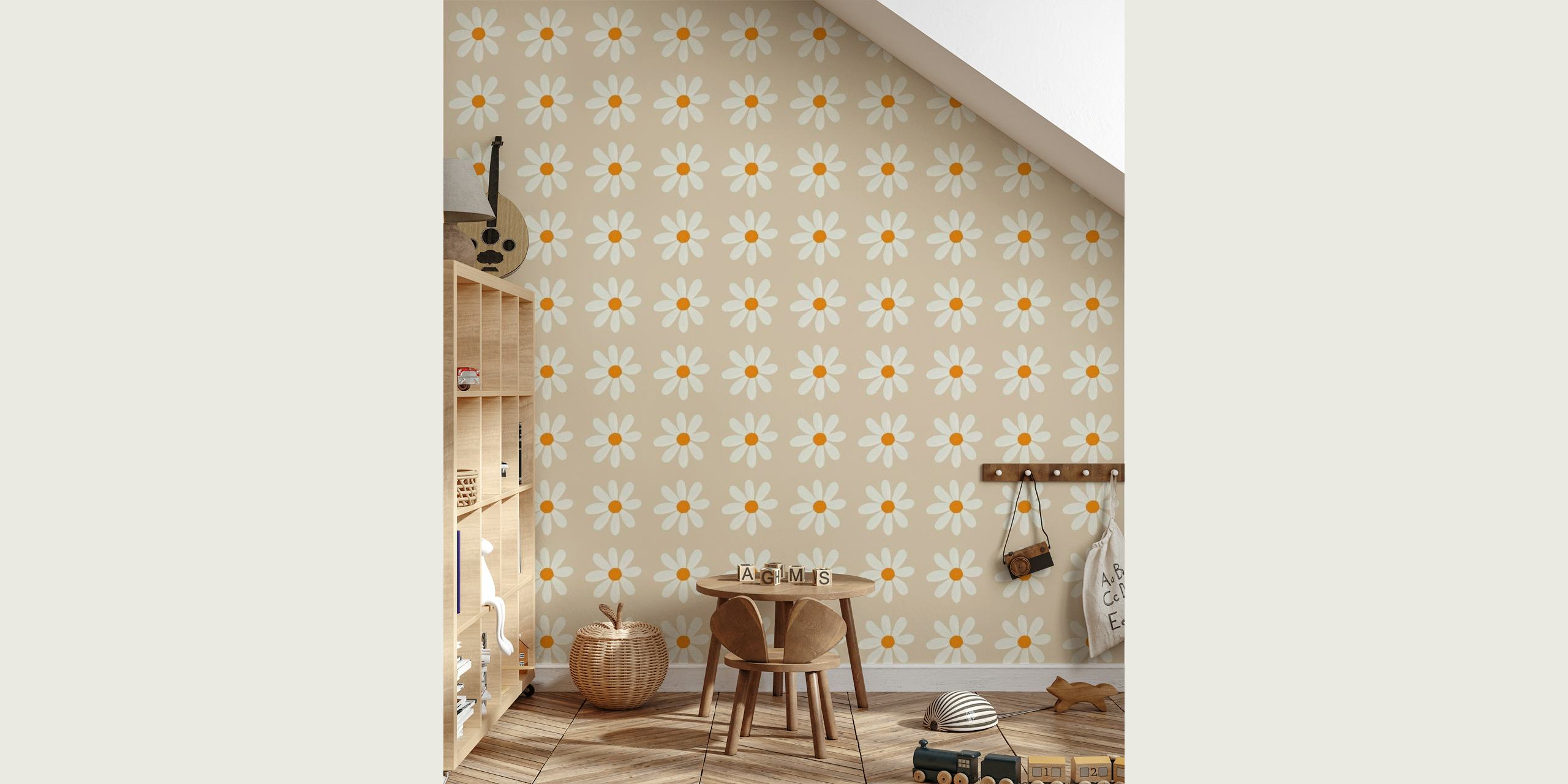 Boho Daisy Pattern wall mural with a repeating daisy design on a neutral background