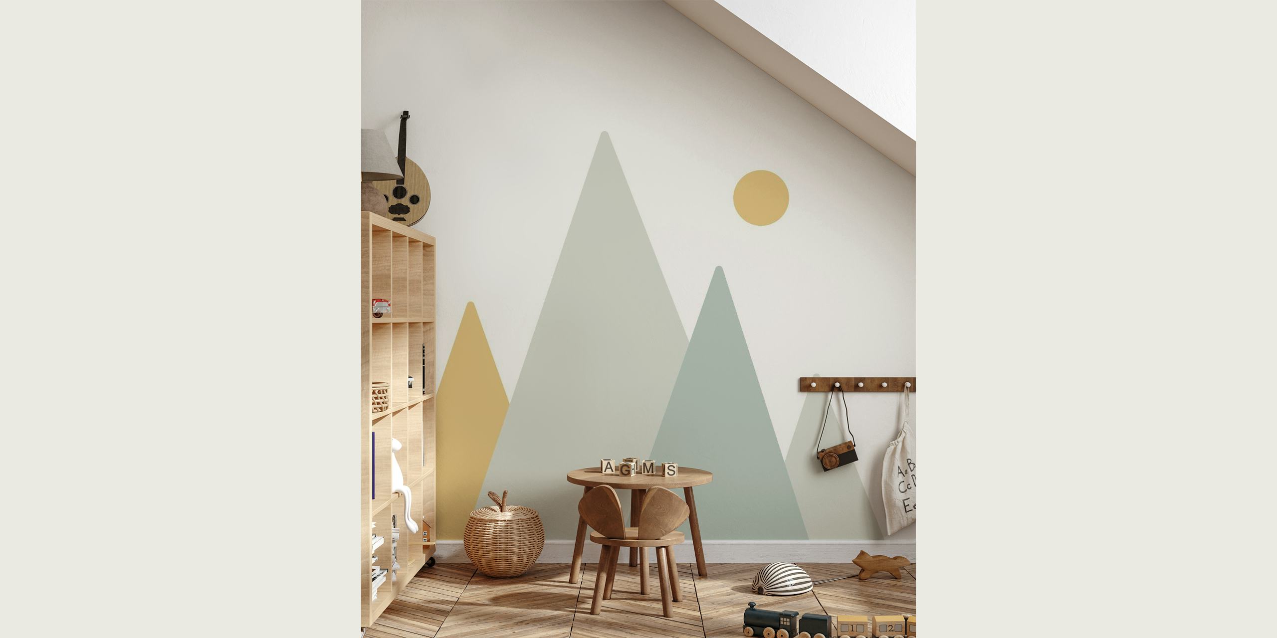 Simplified mountain range wall mural with sun illustration in boho style