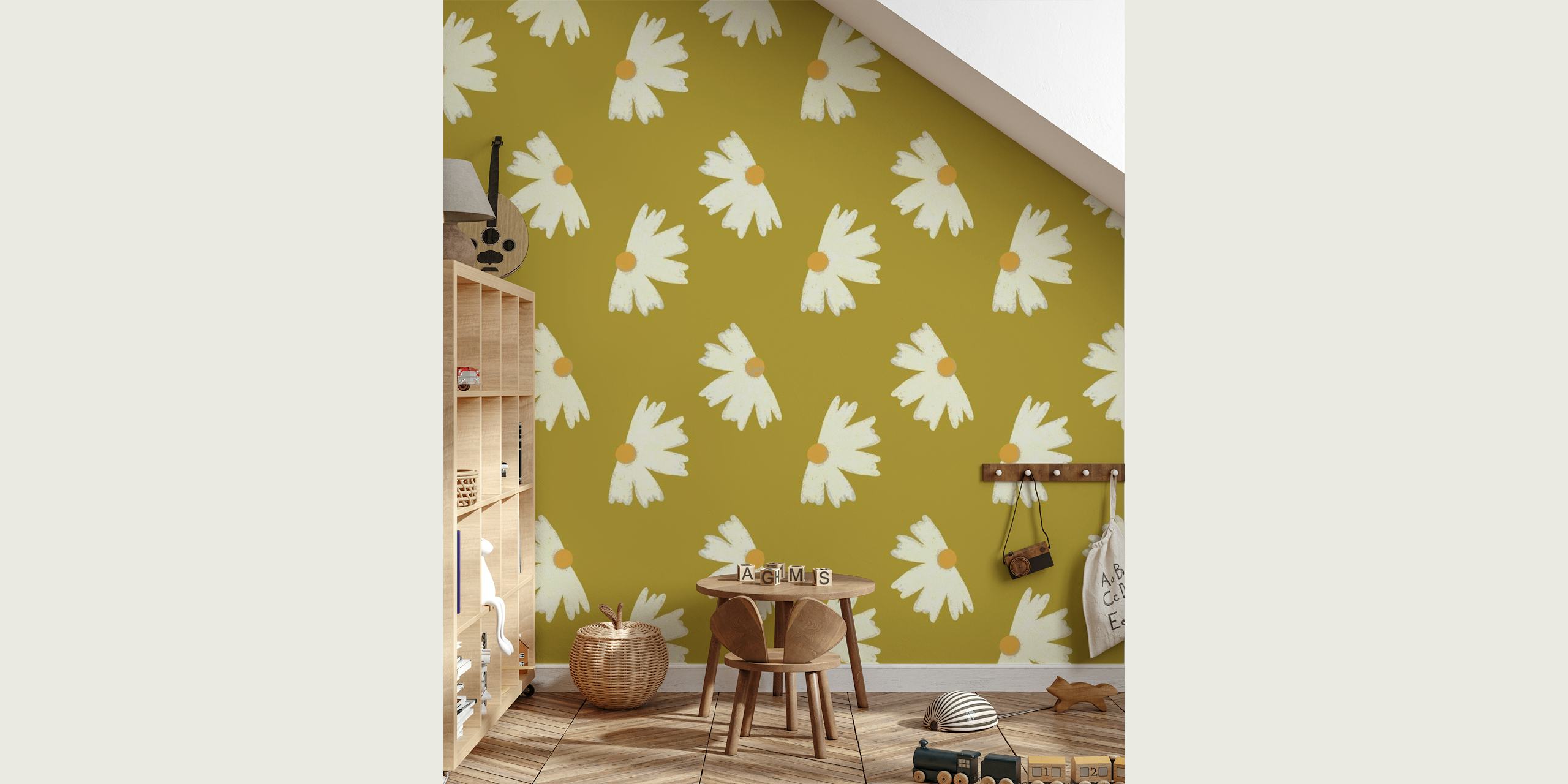 Stylized white marigold flowers on olive background wall mural