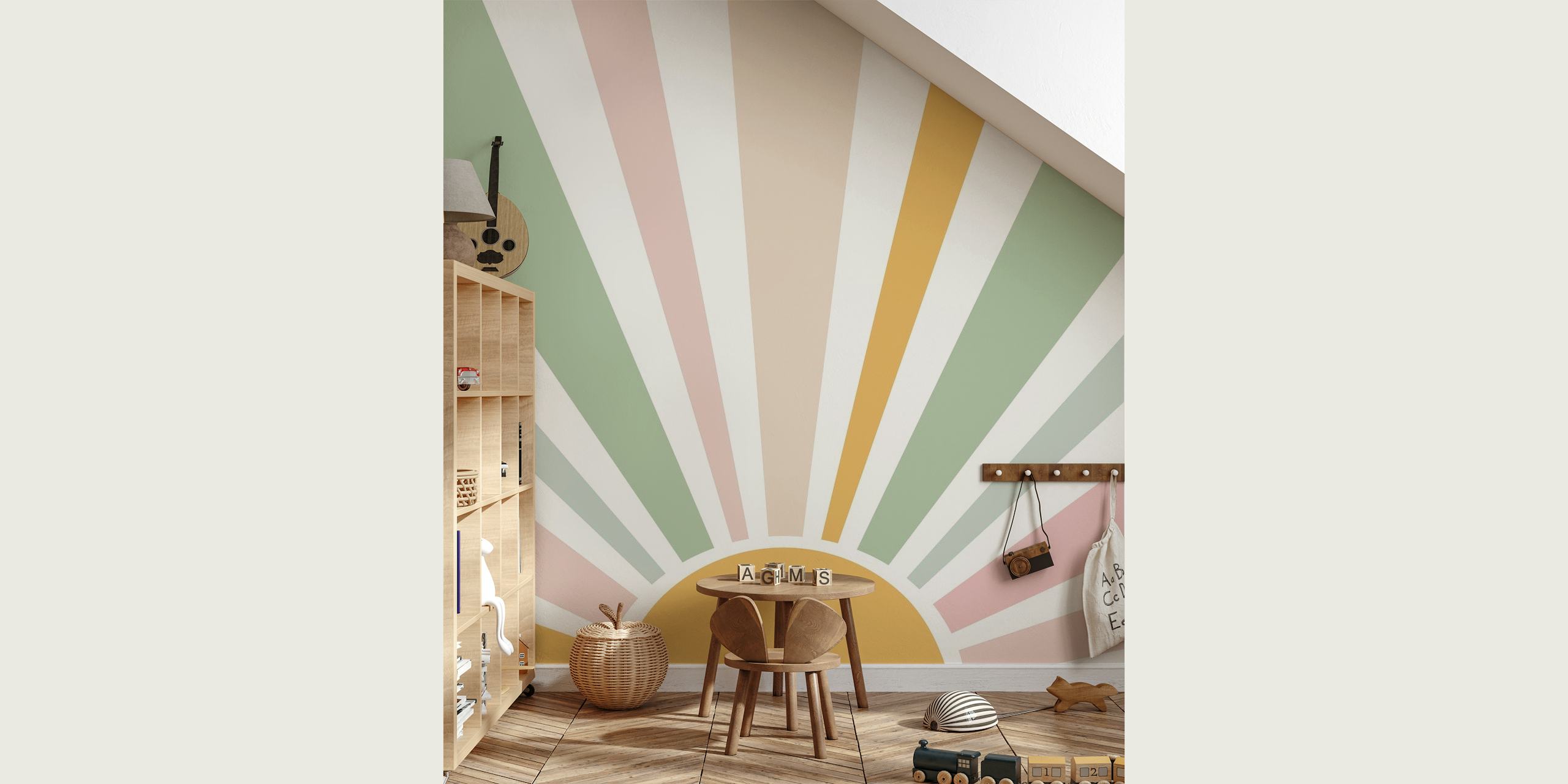 Pink and Green Boho Sun wall mural with a radiant design and whimsical color palette.