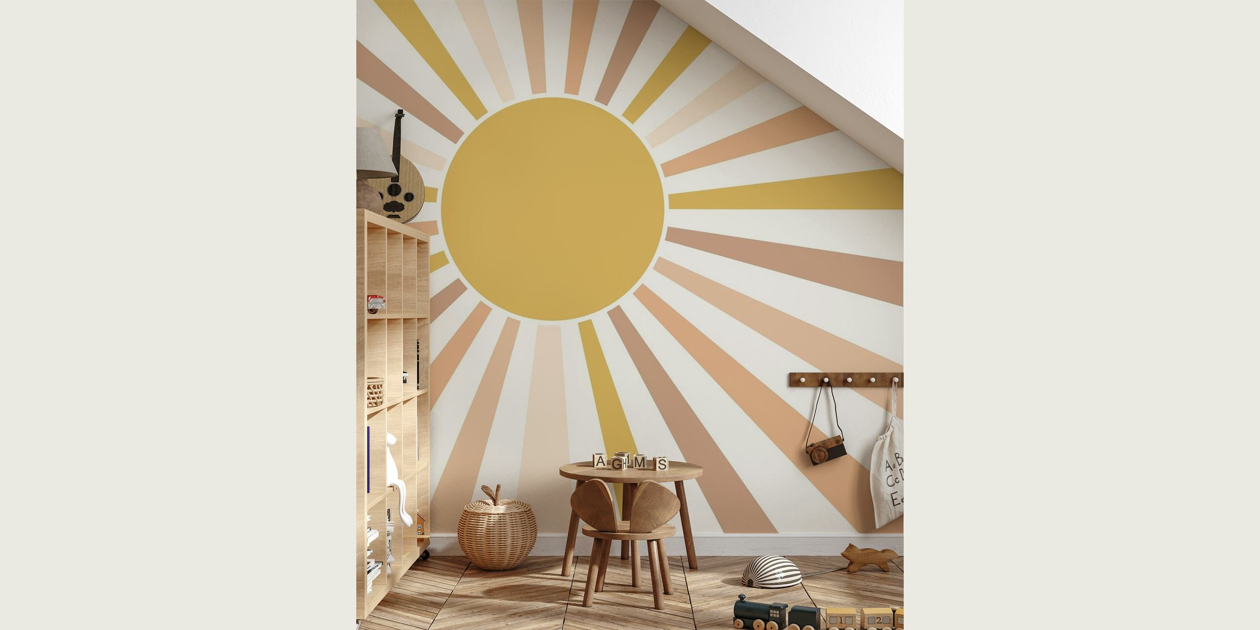 Blush Pink Boho Sun wall mural with a gold center and radiant pink and beige rays