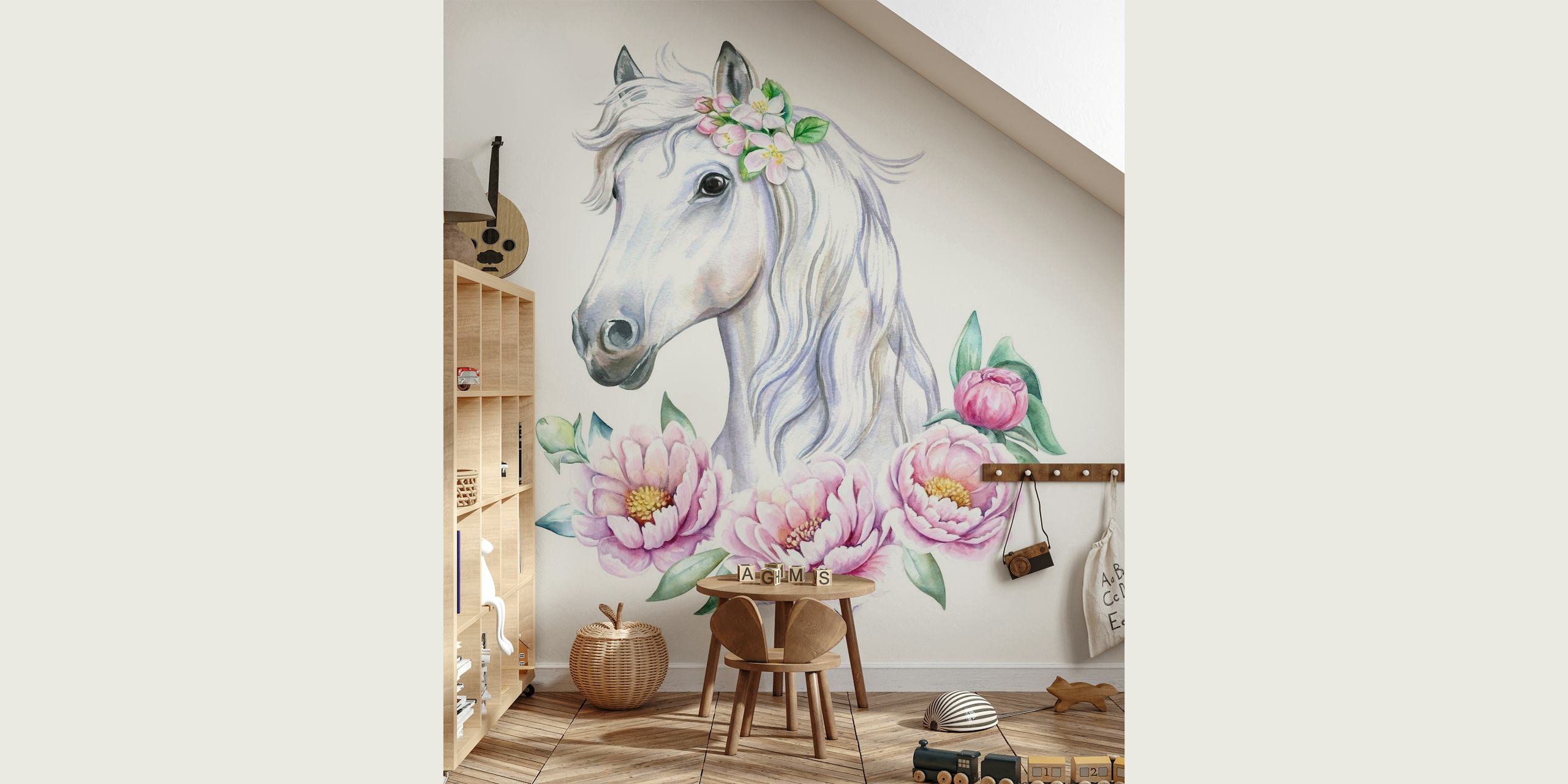White horse with flowers behang