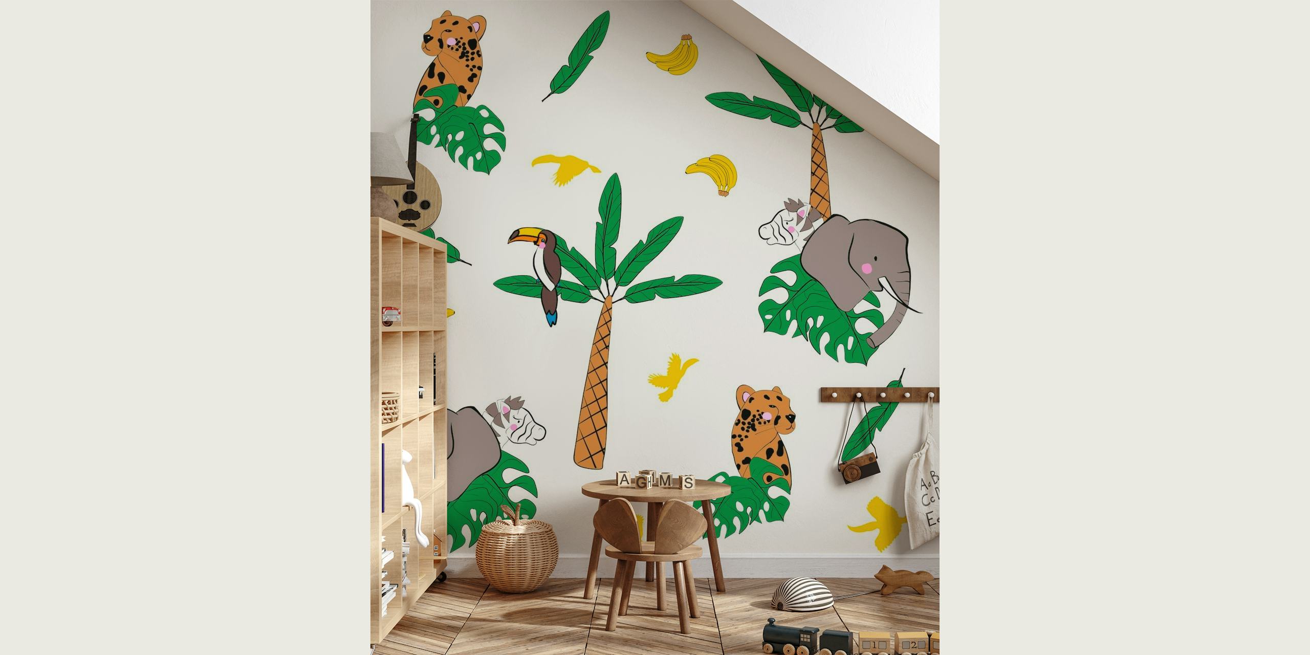 Farverigt jungle safari vægmaleri med leoparder, elefanter, palmer, bananer og sommerfugle