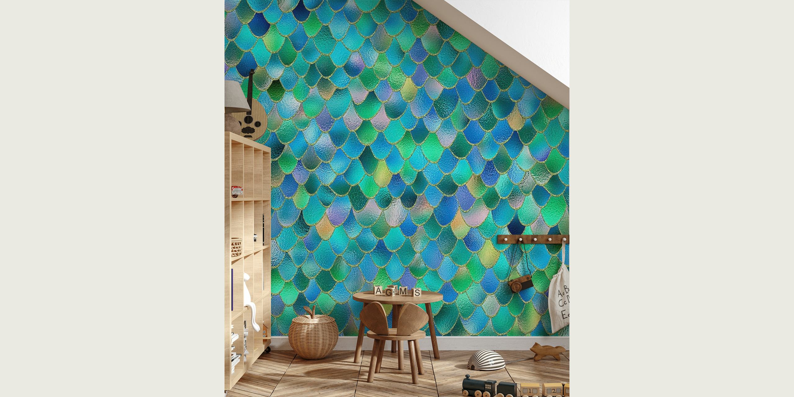 Ocean-inspired girly mermaid scales wall mural with blue, teal, and green hues