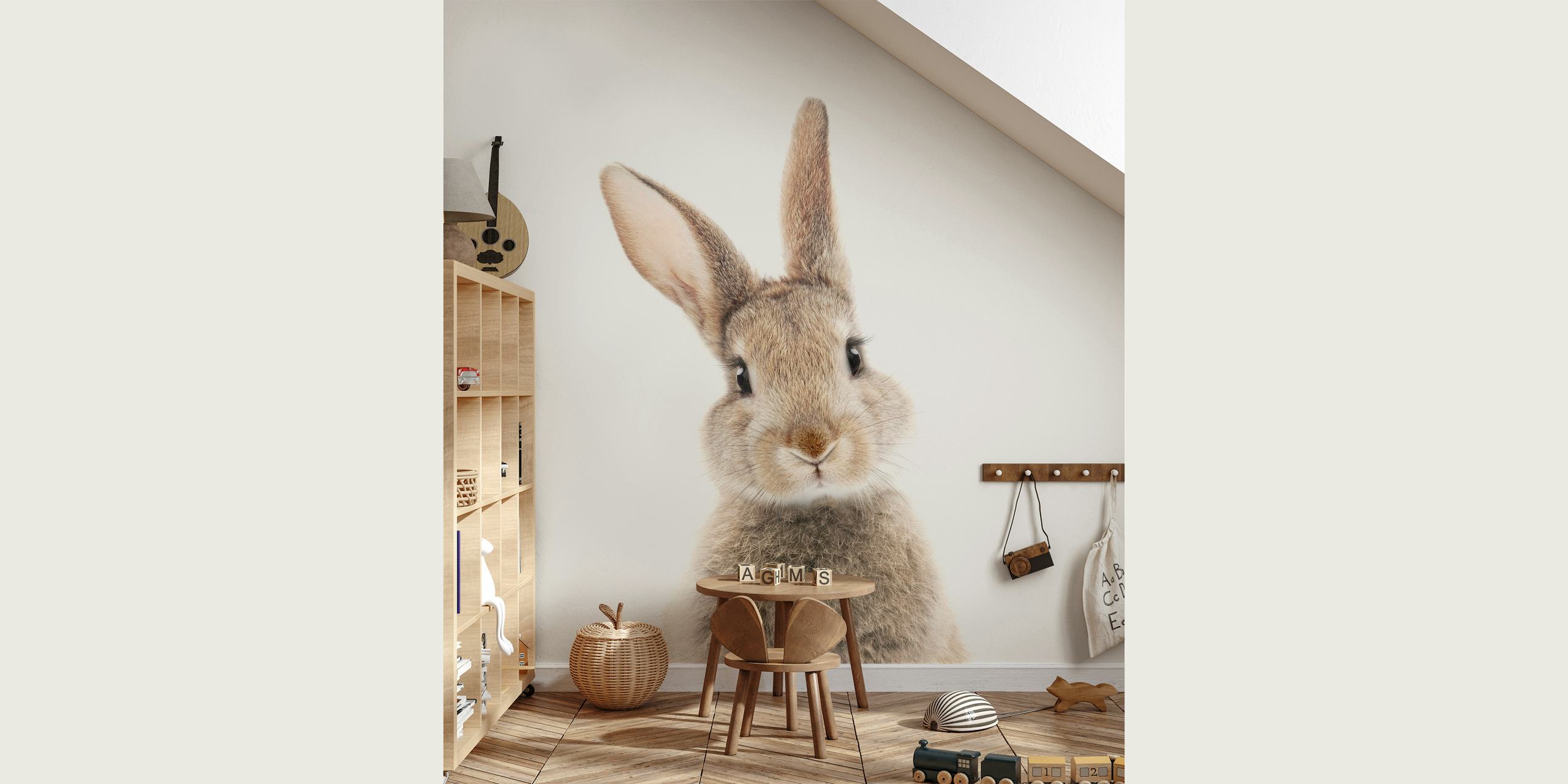 Schattige kiekeboe konijntjes muurschildering voor een speels interieur