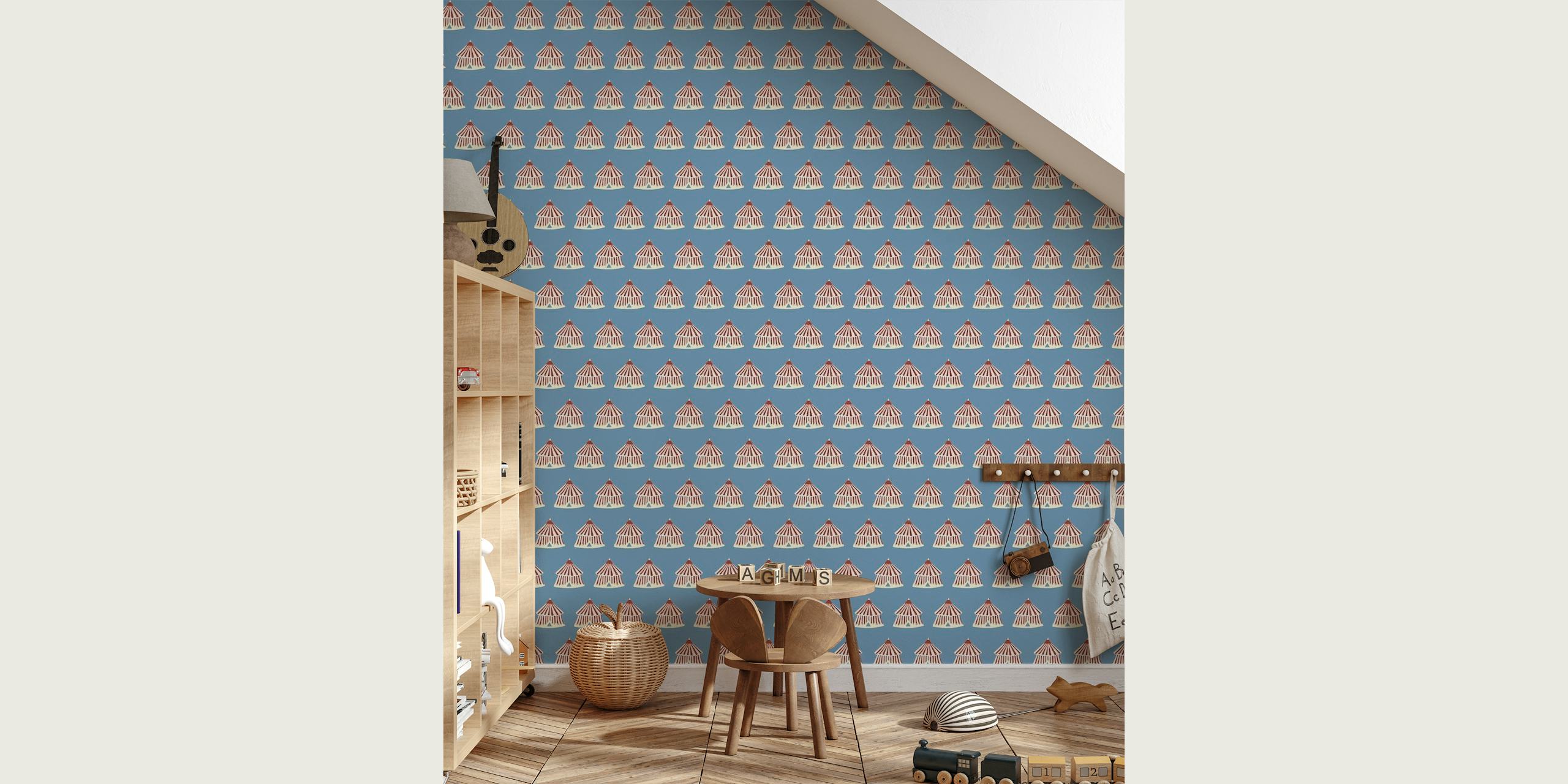 Circus-themed wall mural with repeating pattern of circus tents on a blue background