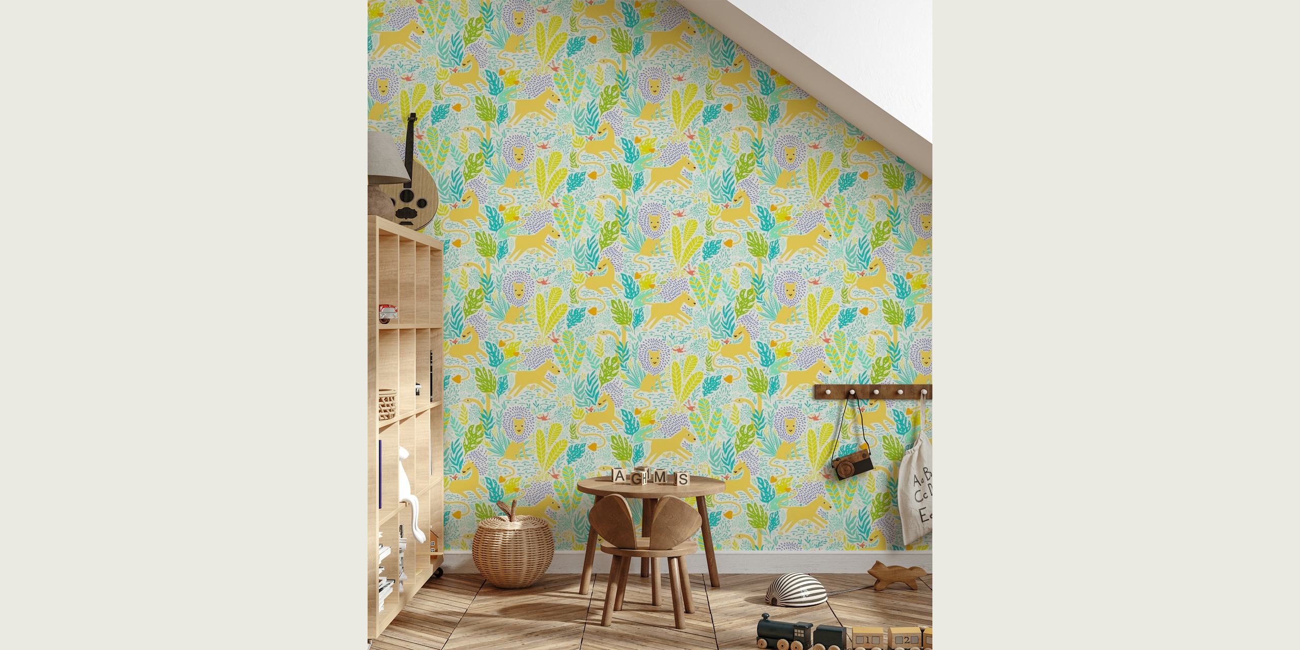 Kids' wall mural with lion and parrot pattern in pastel colors