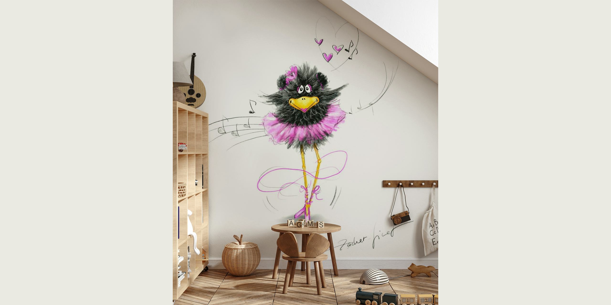Animated raven ballerina in pink tutu dancing with hearts and music notes illustration.